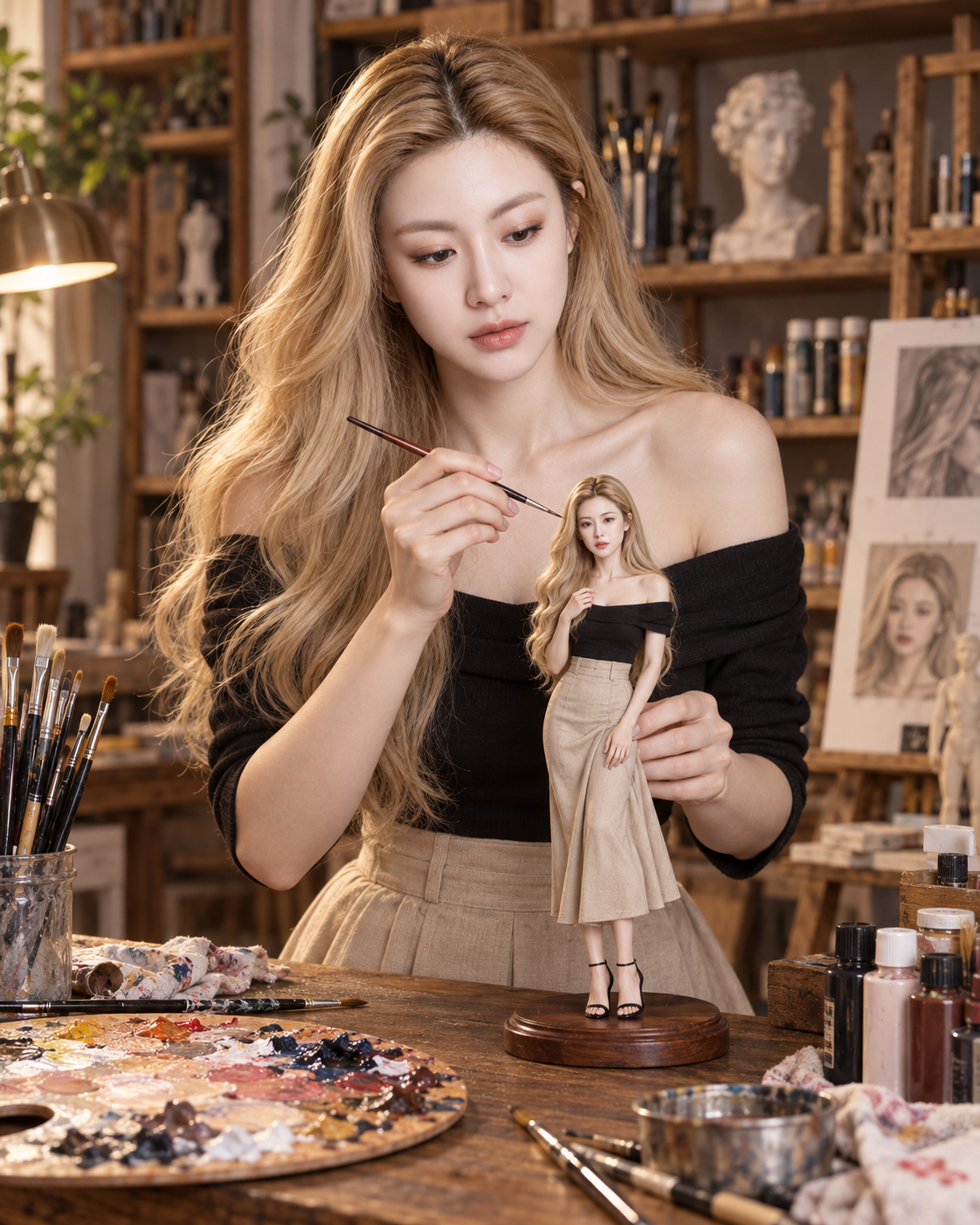 예술가가 그리는 자신의 미니어처 자화상