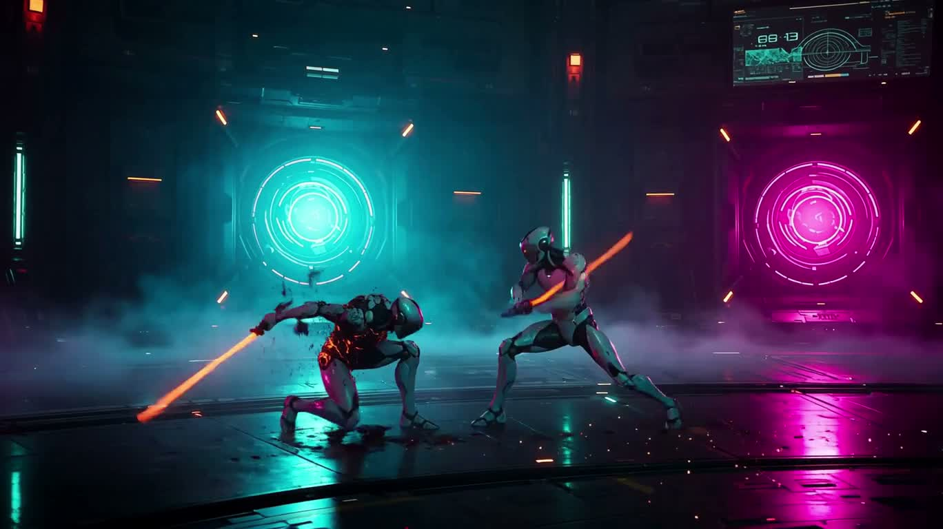 月基地霓虹机甲决斗 — AI video creation