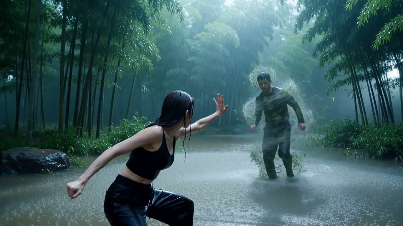 季风洪流中的武术灵体对决 — AI video creation