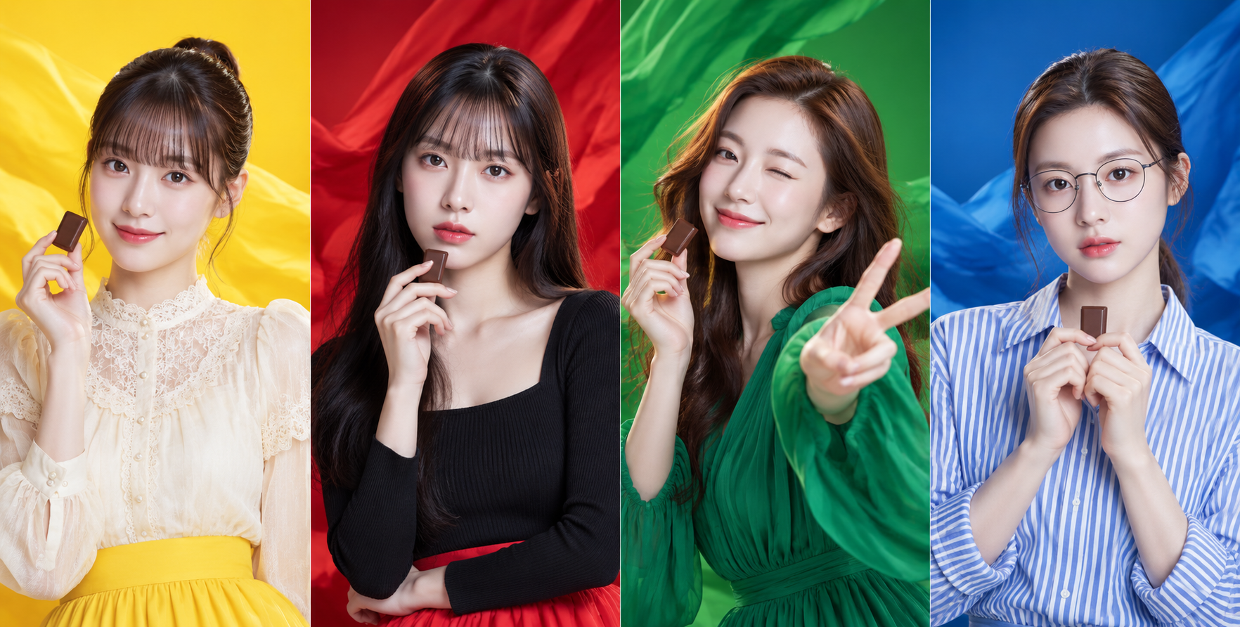 四色拼图亚洲女孩巧克力广告 — AI image creation