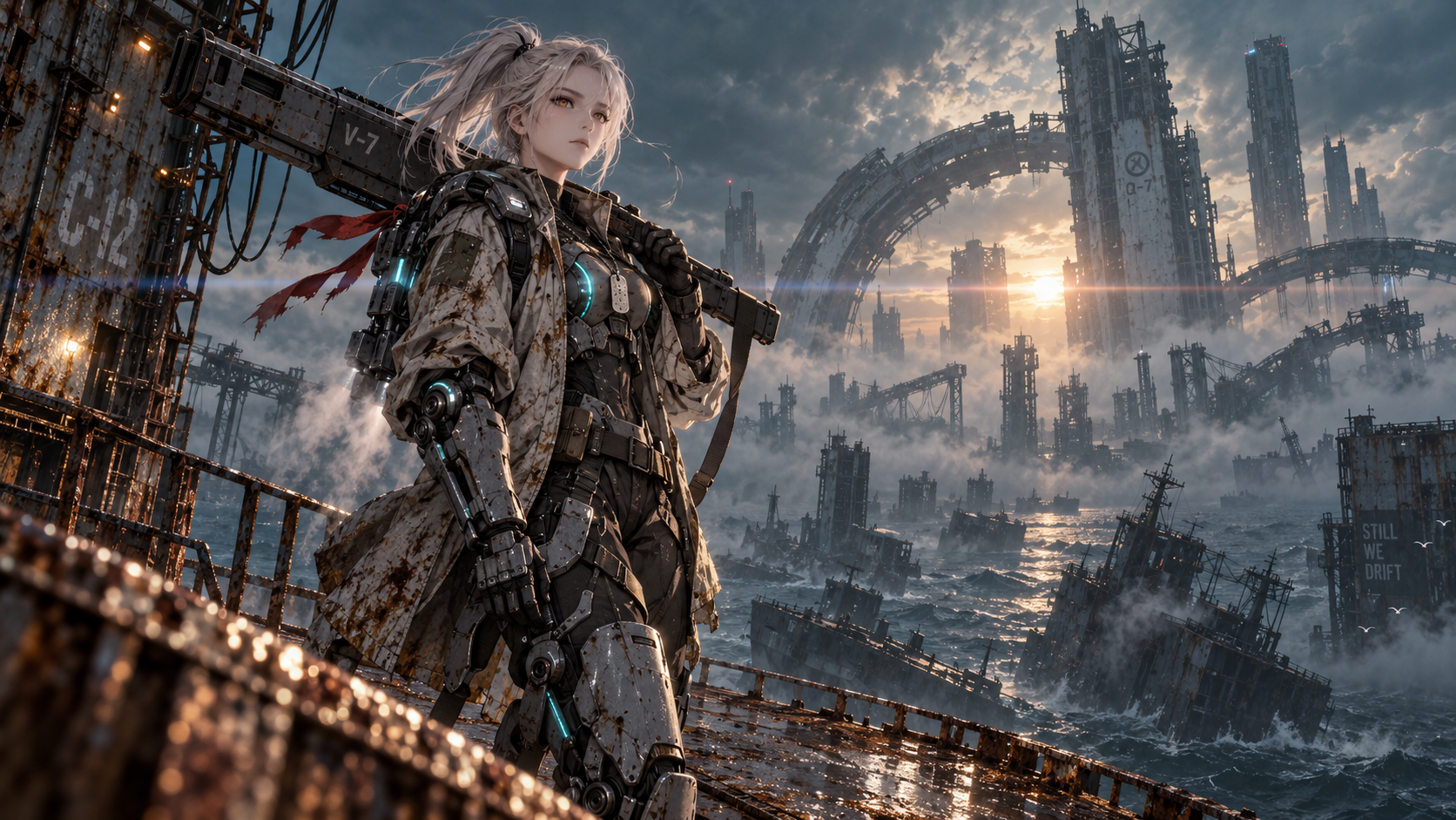 成年机甲驾驶员立于废弃海城 — AI image creation