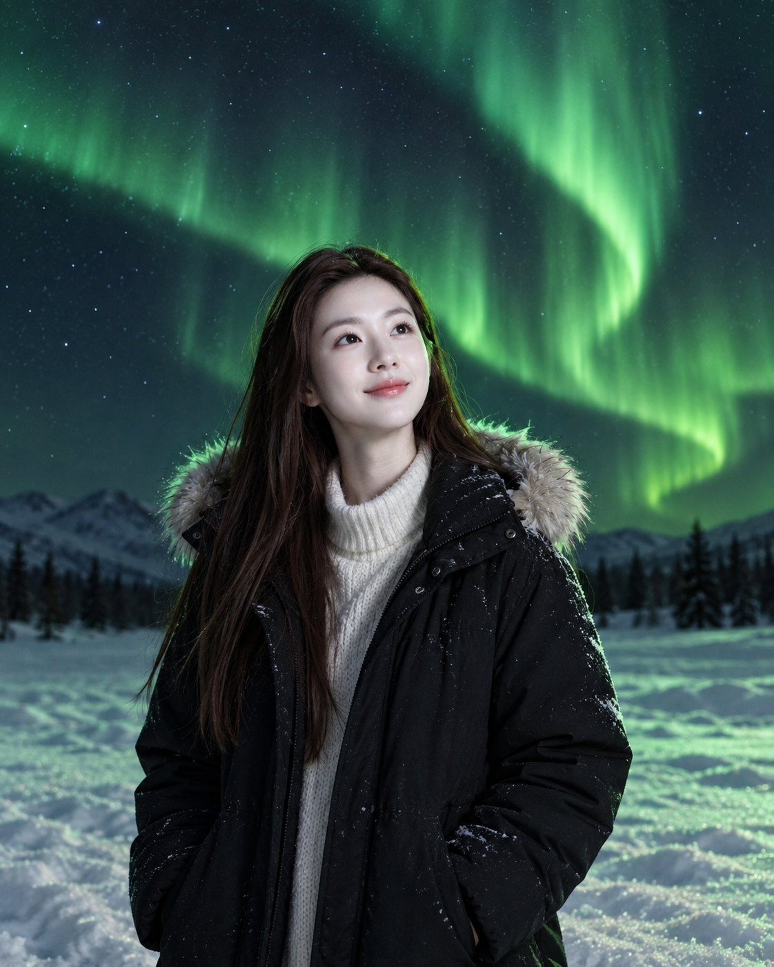 绿色极光下的雪夜微笑人像 — AI image creation