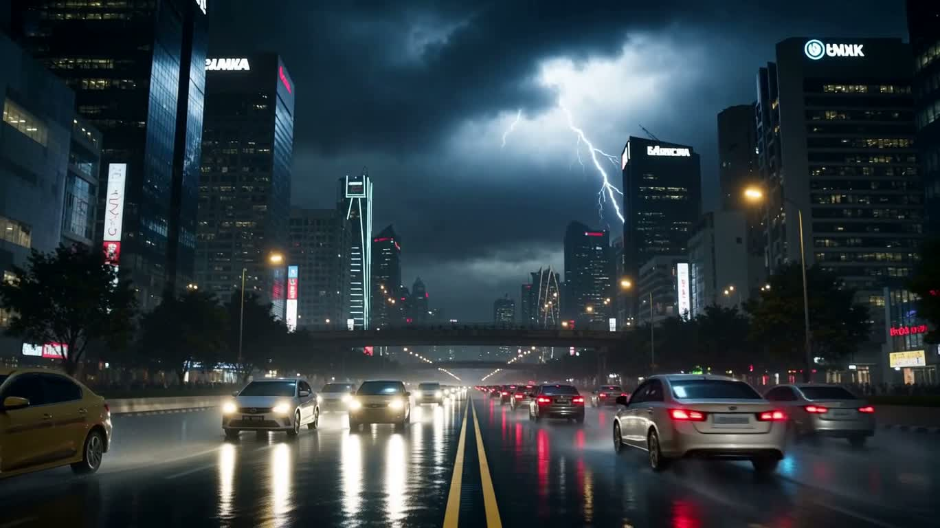 暴雨都市中的禁忌符咒与巨兽 — AI video creation