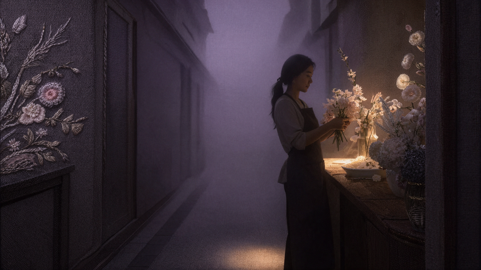 Fleuriste nocturne · Tissu brodé — AI image creation