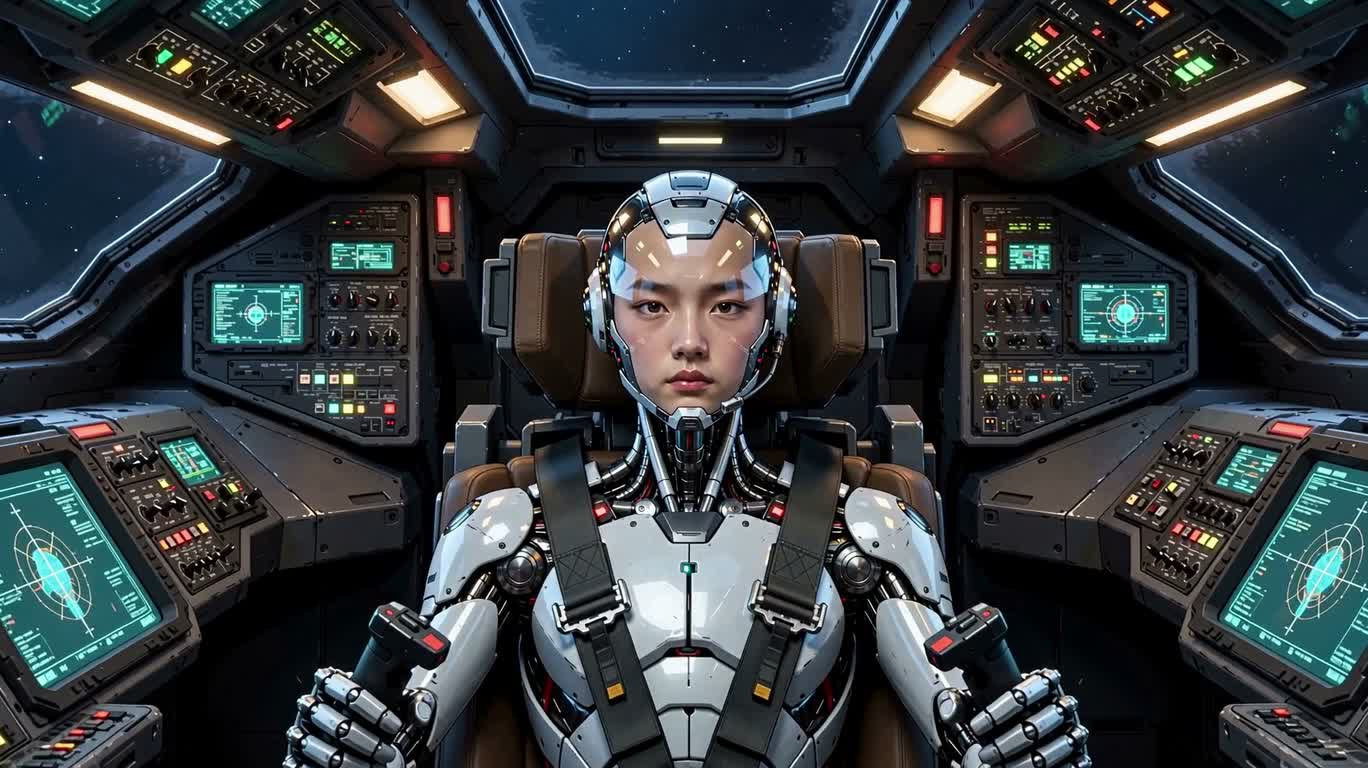 사이버펑크 조종석의 소년 바이오닉 파일럿 — AI video creation