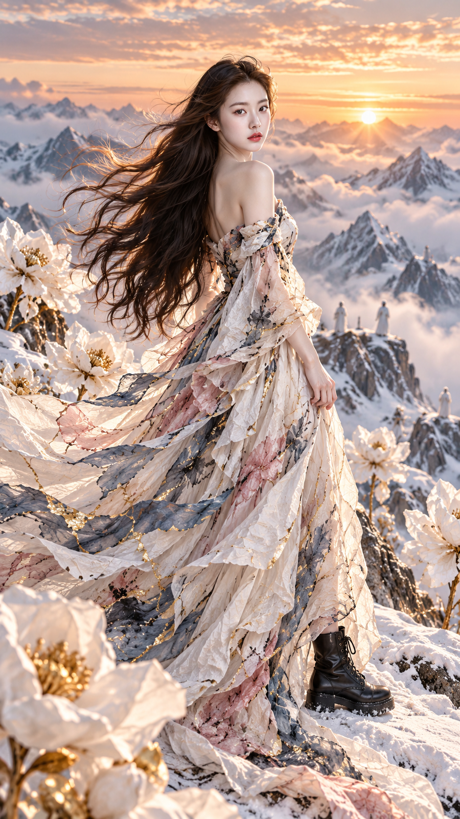 雪山纸花与金缮水墨礼服成年女性人像 — AI image creation