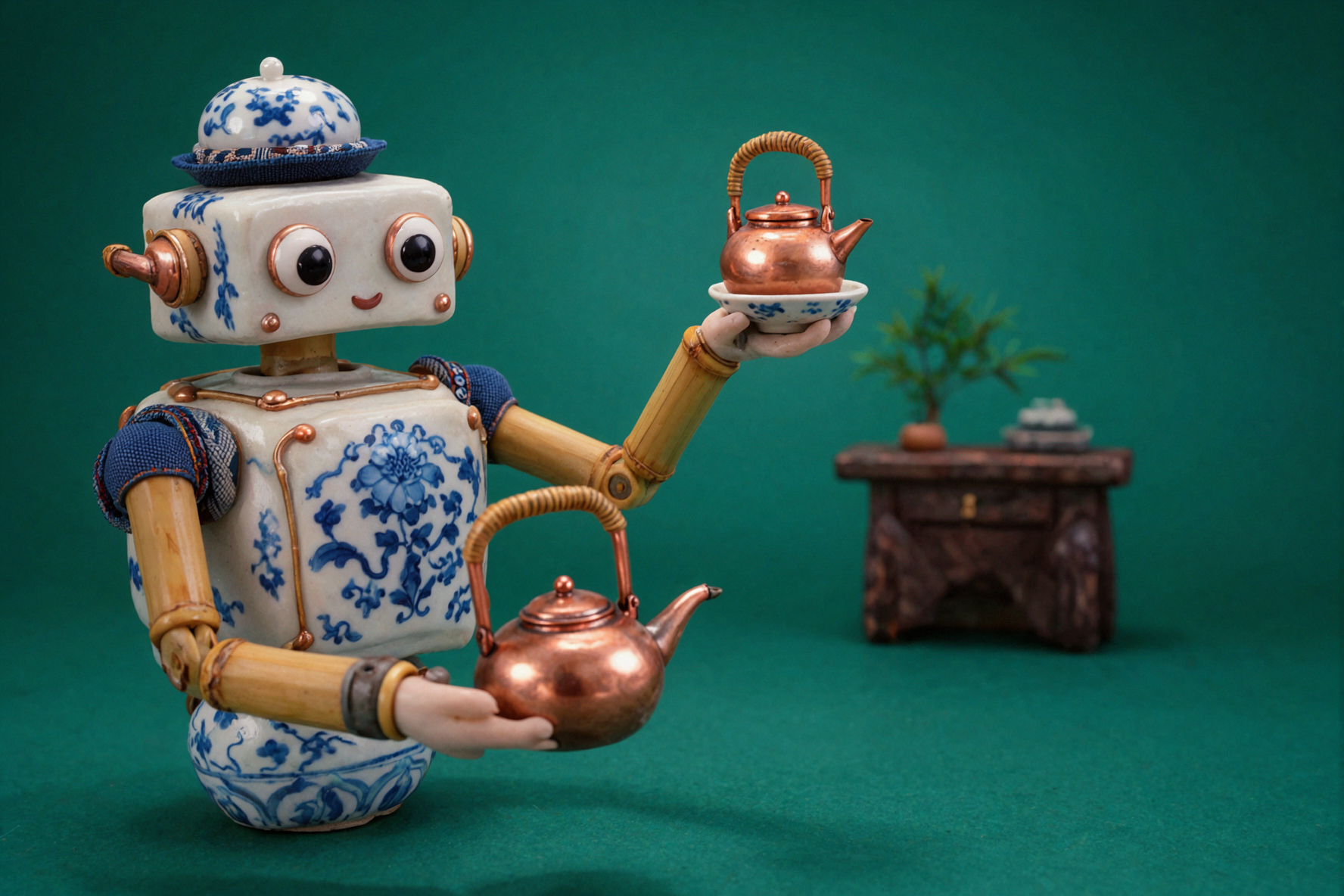 Blue Porcelain Tea Robot · Claymation — AI image creation