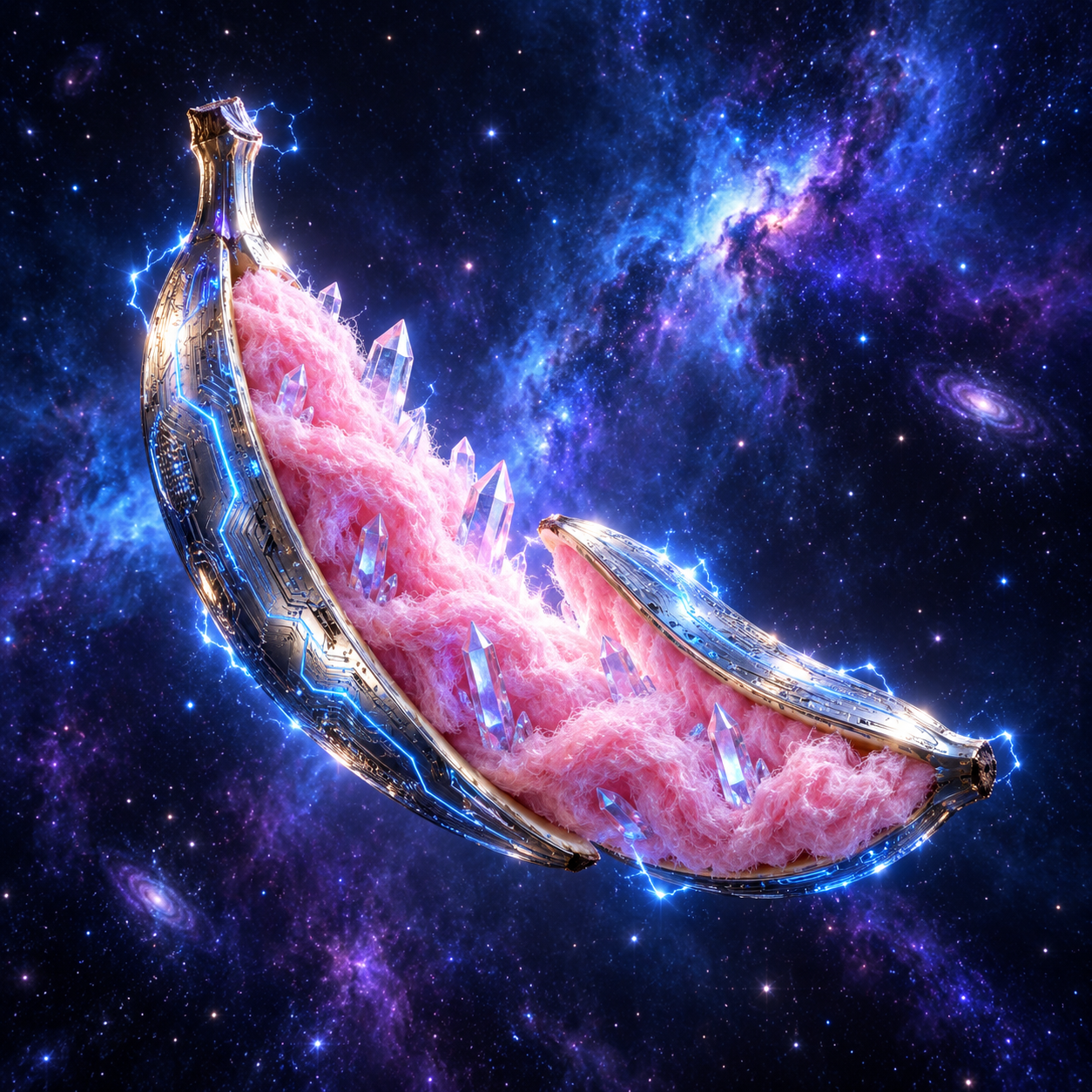 赛博朋克风纳米电路裂变香蕉与星云 — AI image creation