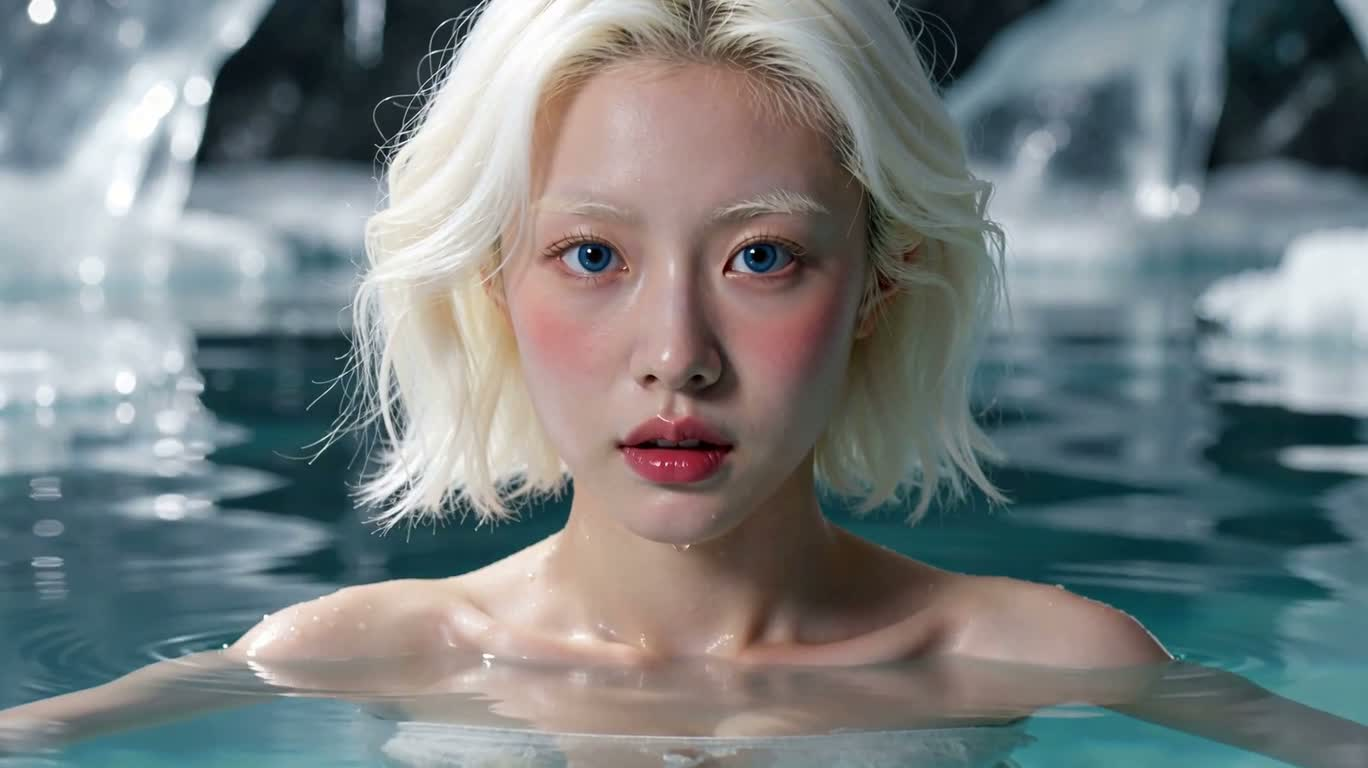 Người phụ nữ tóc ngắn trắng băng giữa hồ đóng băng — AI video creation