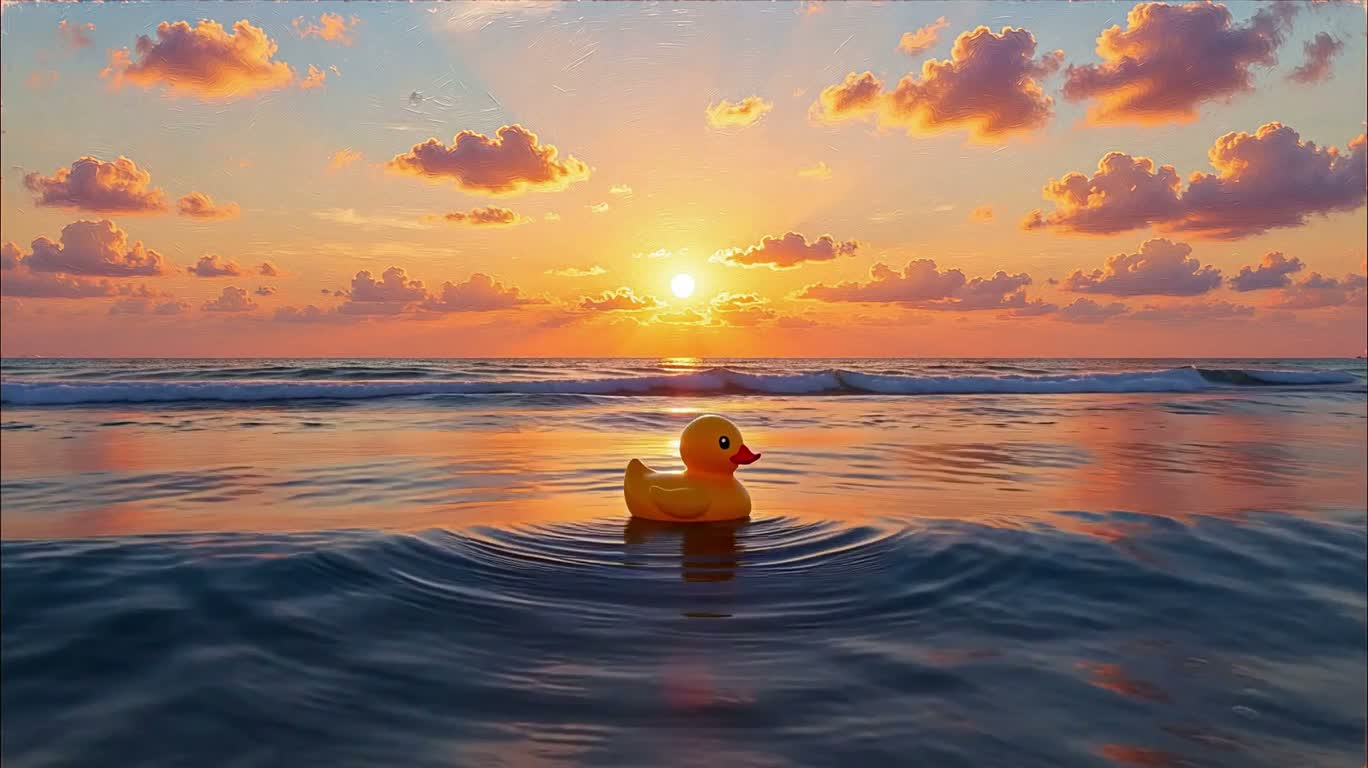 Vịt cao su vàng giữa sóng hoàng hôn trường phái ấn tượng