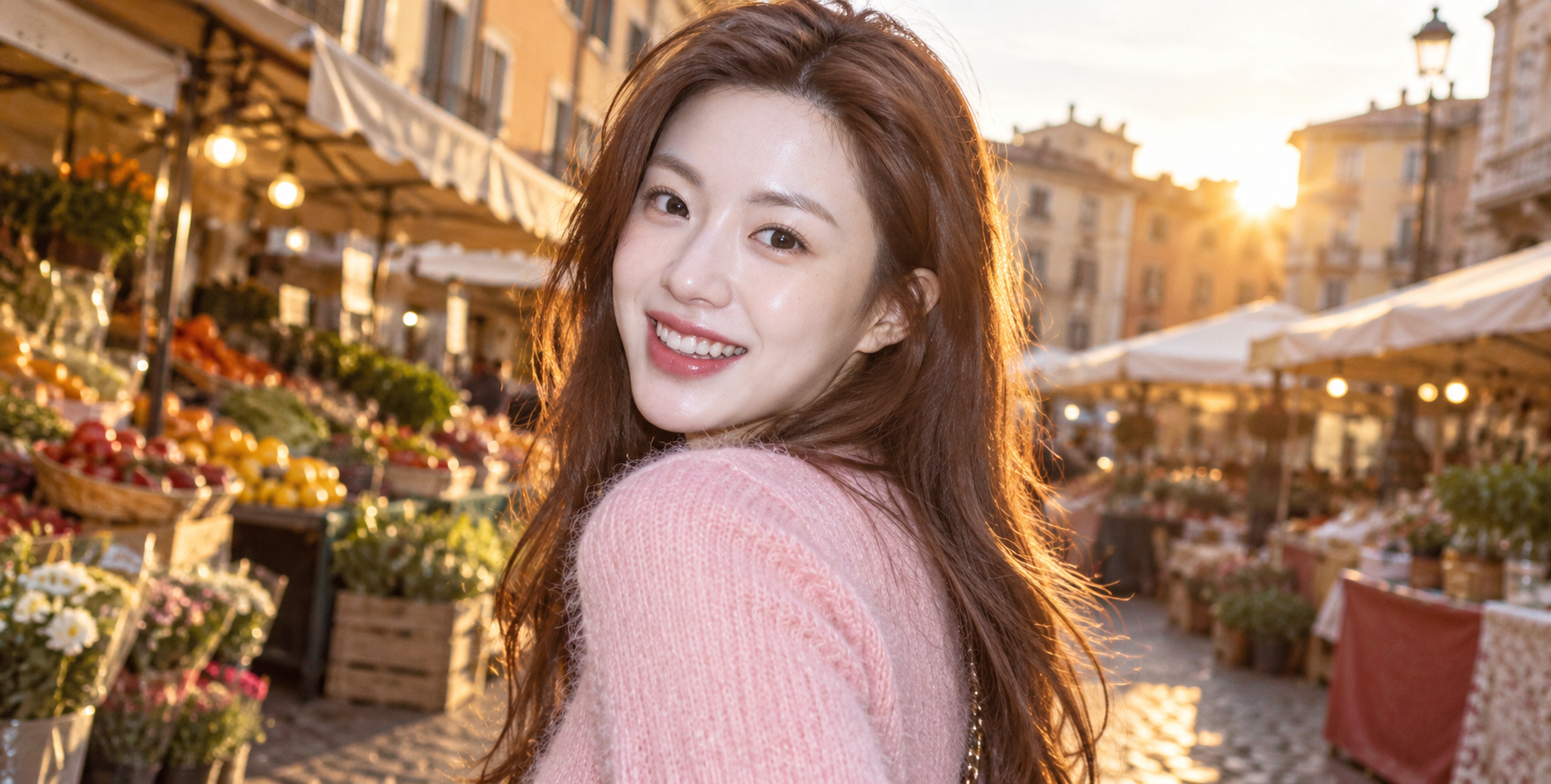欧洲集市阳光下回眸大笑的成年女性 — AI image creation