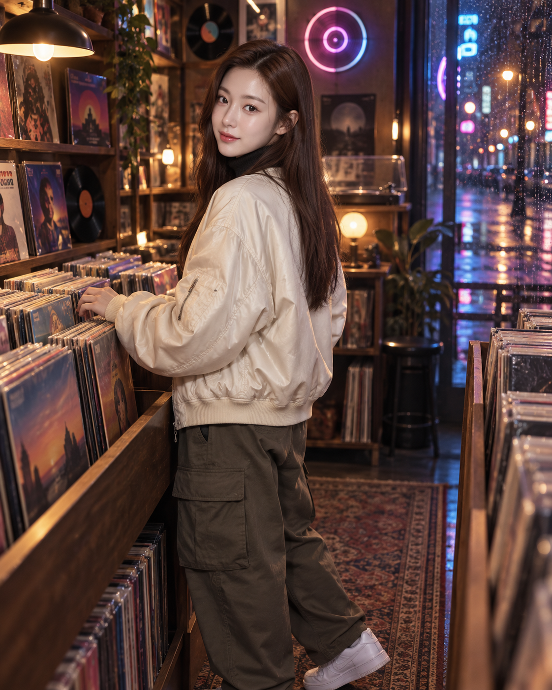 韩国美女深夜复古黑胶唱片店时尚人像 — AI image creation
