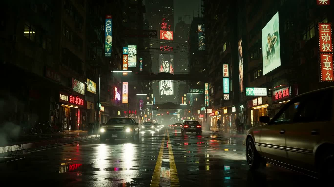 Cité cyber néon sous la pluie — AI video creation