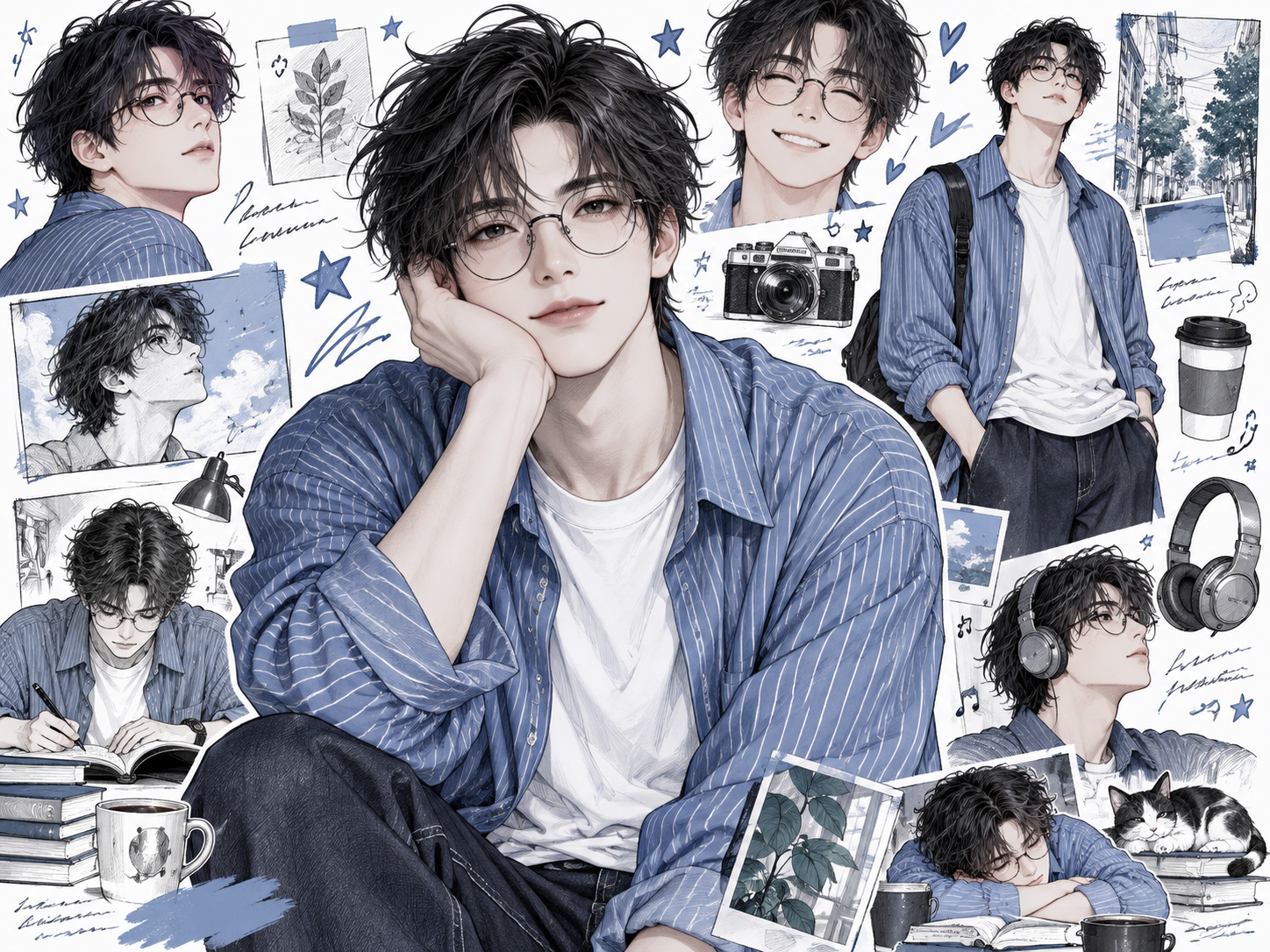 成年男性蓝色街头时装动漫情绪板 — AI image creation