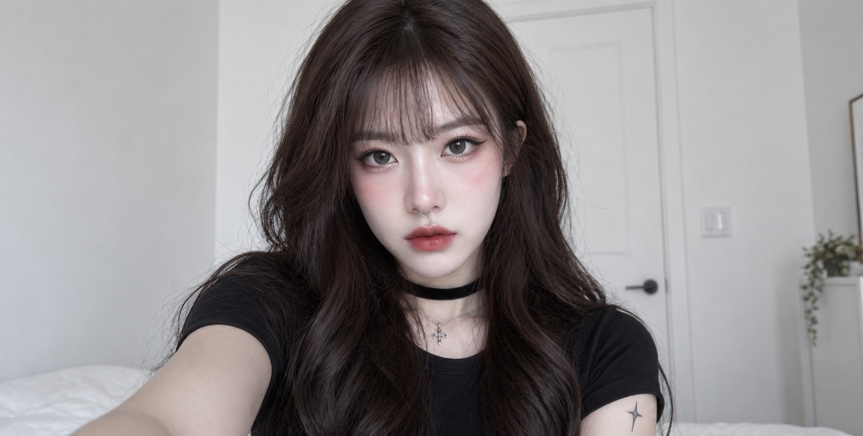明亮室内的柔和哥特成年女性自拍