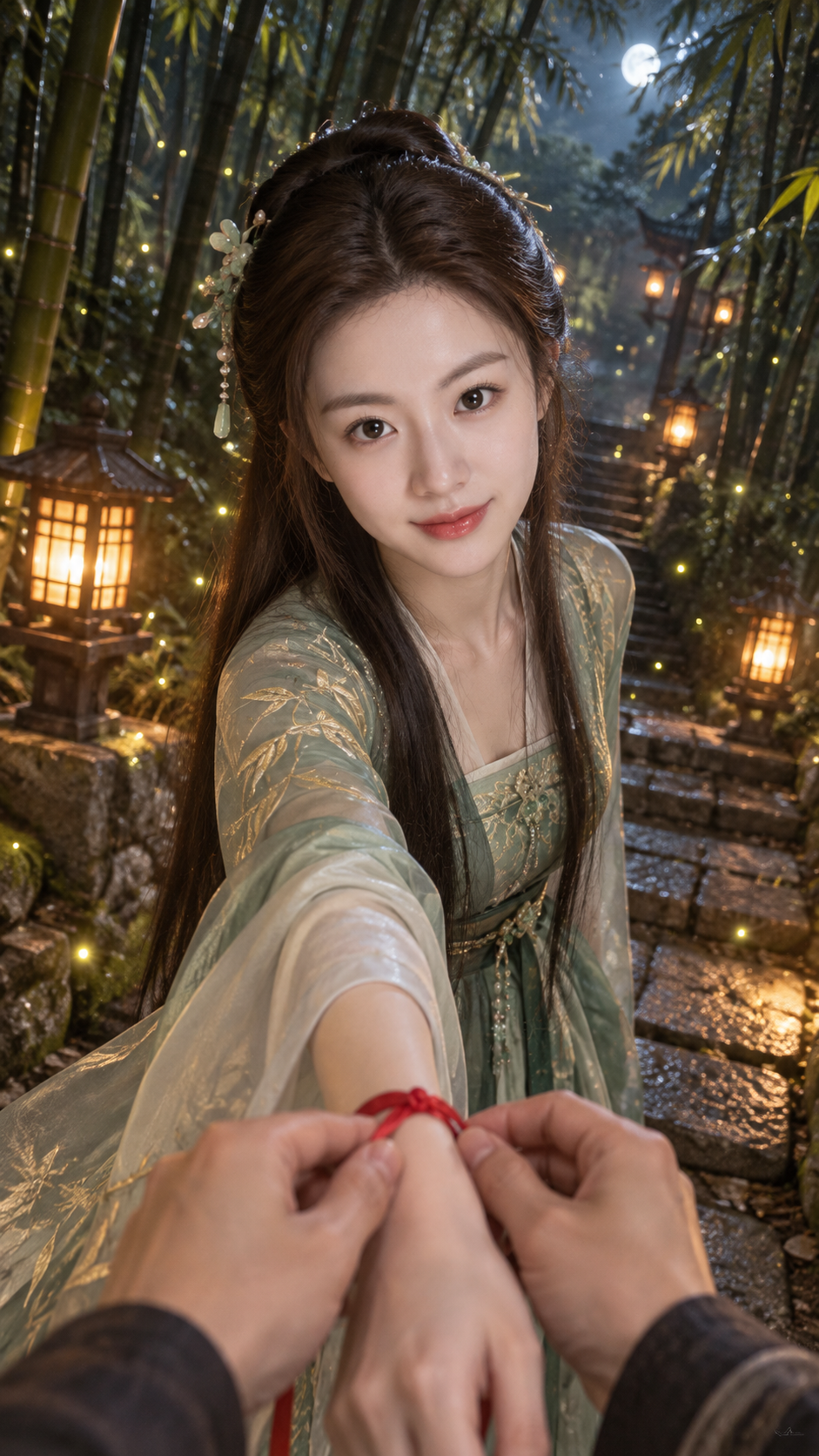 唯美古风竹林萤火手机视角夜景人像 — AI image creation