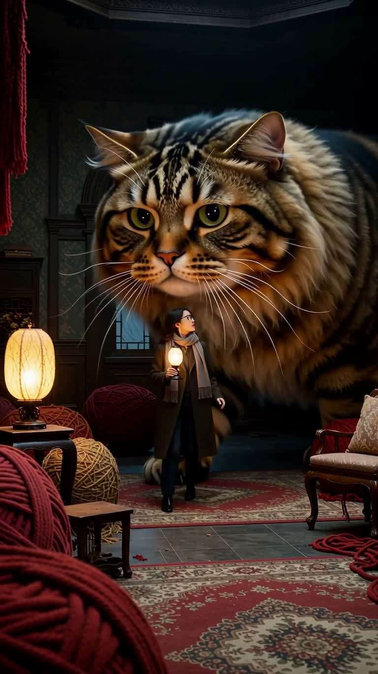 巨大猫と提灯の女の幻想的な追跡