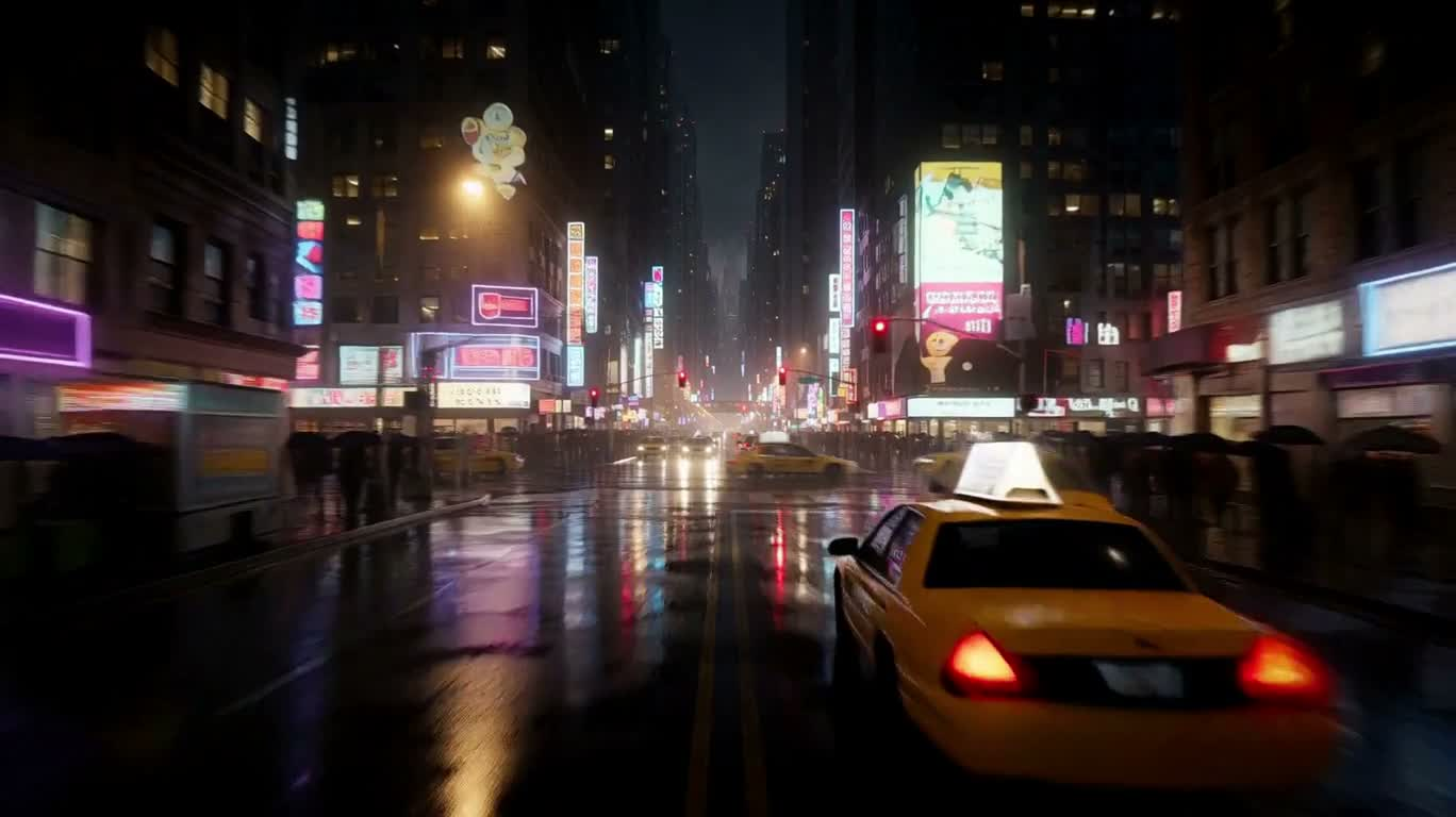 霓虹暴雨中的城市追逐与天际线跃迁 — AI video creation