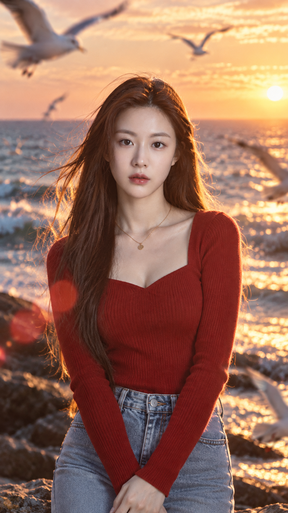 夕阳海风与红色心形领口海边肖像 — AI image creation