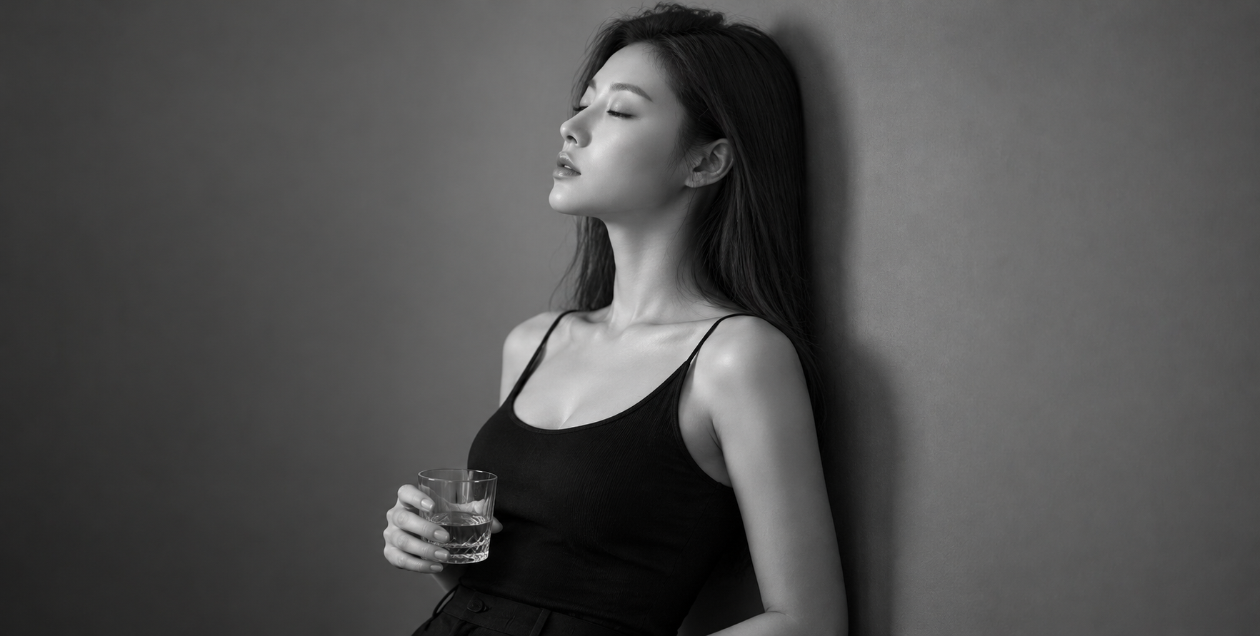 倚墙持杯的电影感黑白侧像 — AI image creation