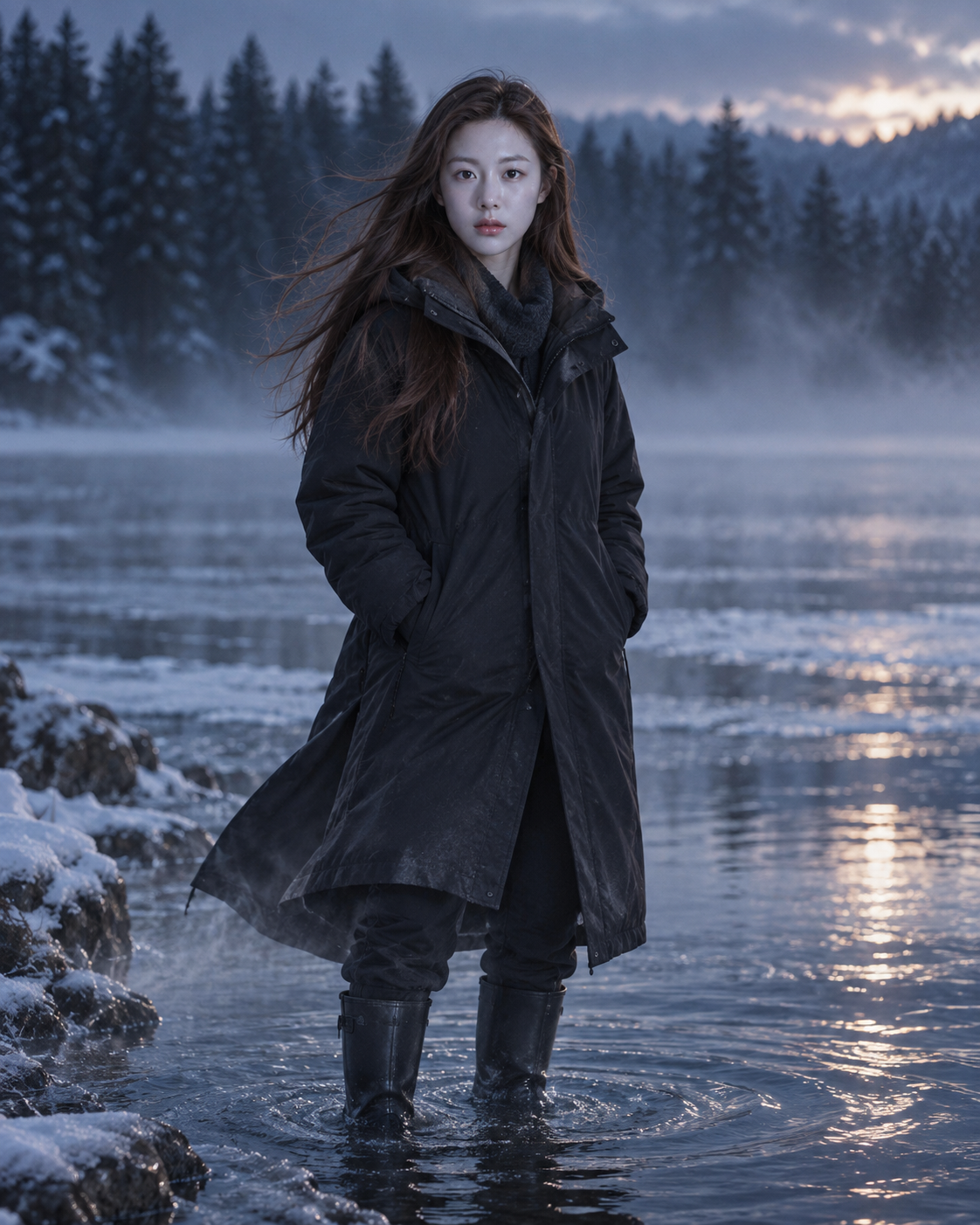 Adult Winter Portrait in a Foggy Frozen Lake — AI image creation