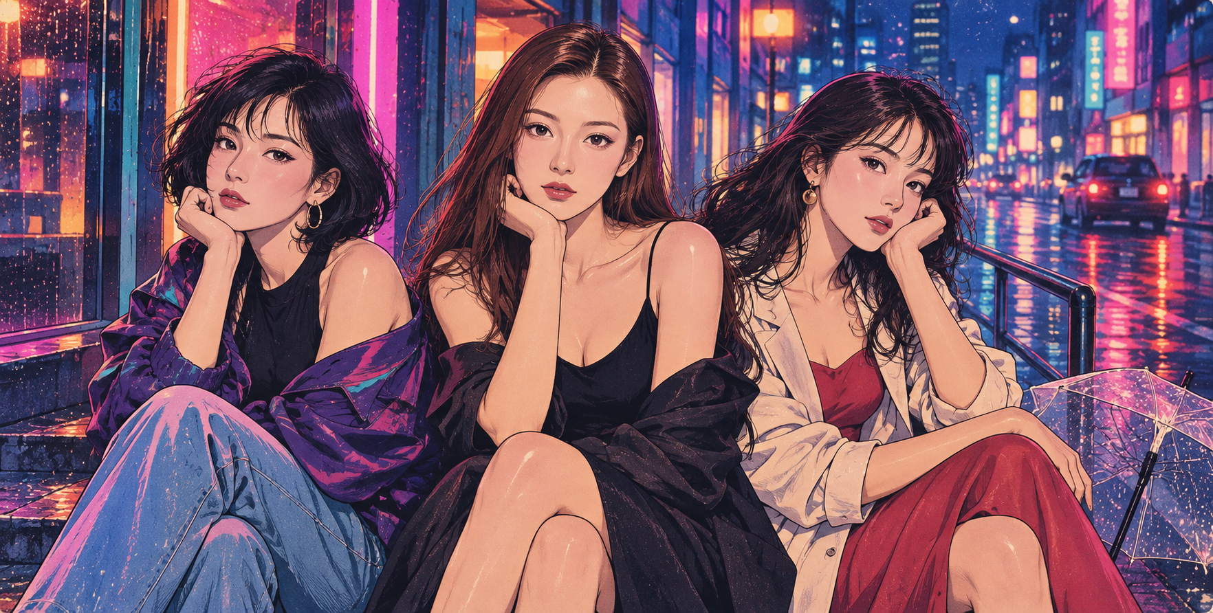 雨后霓虹东京的80年代City Pop三人群像 — AI image creation