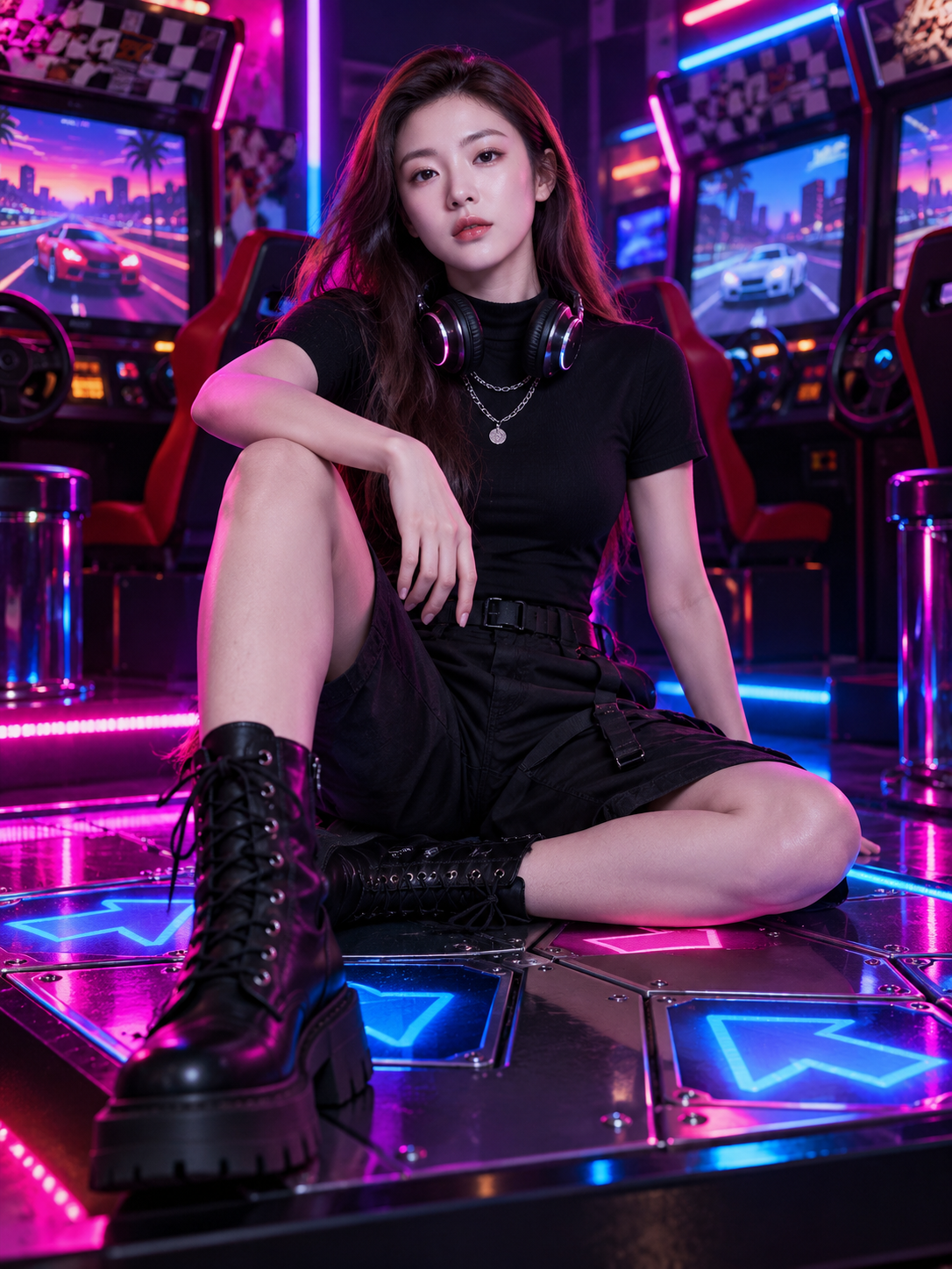 成年女性霓虹街机厅赛博复古时尚大片 — AI image creation