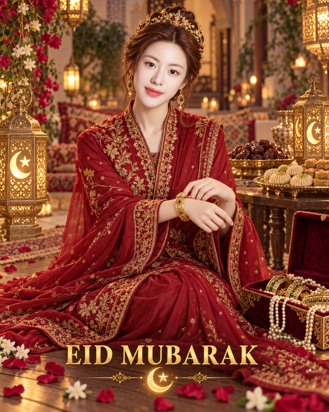 华丽红金丝绸礼服东亚女性开斋节庆典 — AI image creation