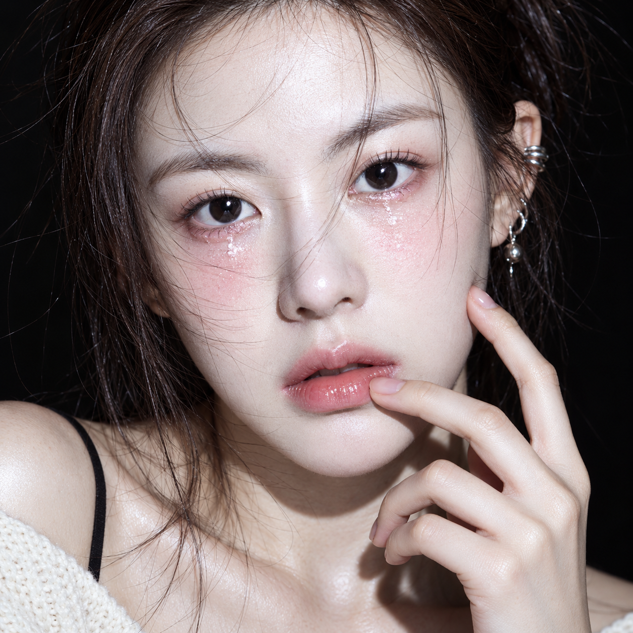 黑背景韩系泪感妆微距美妆肖像 — AI image creation