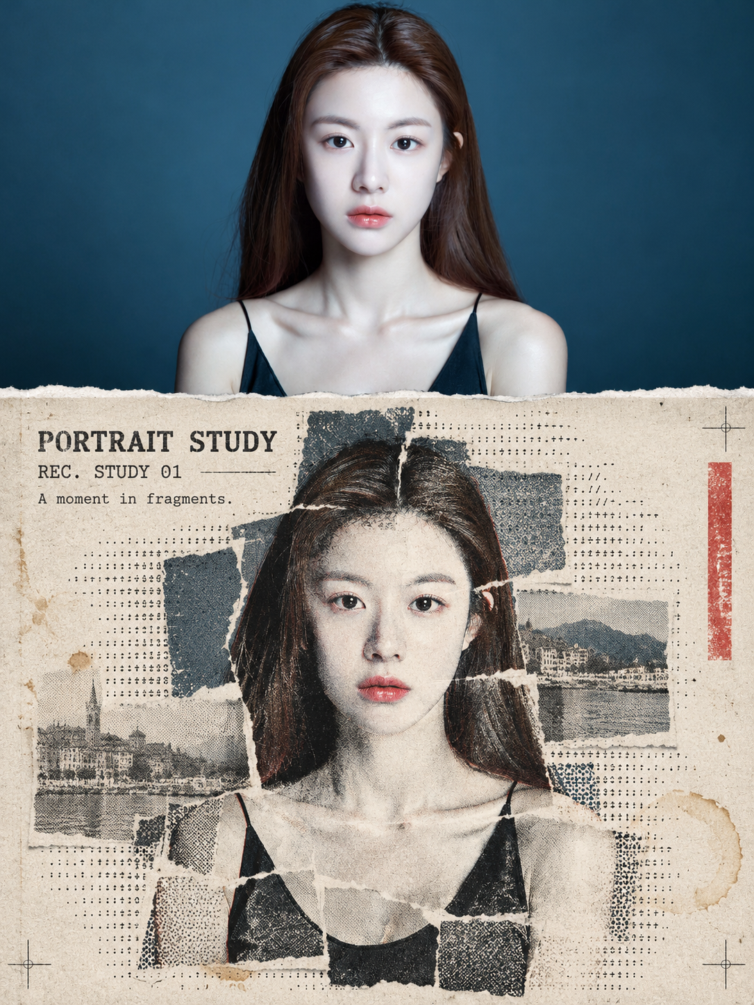 单张人像照片半调ASCII档案旅行拼贴海报 — AI image creation