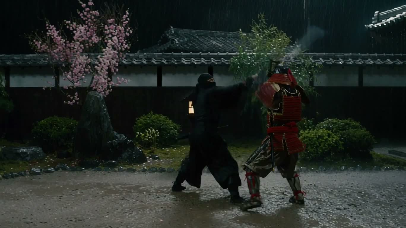 雨夜庭院的忍者对决 — AI video creation