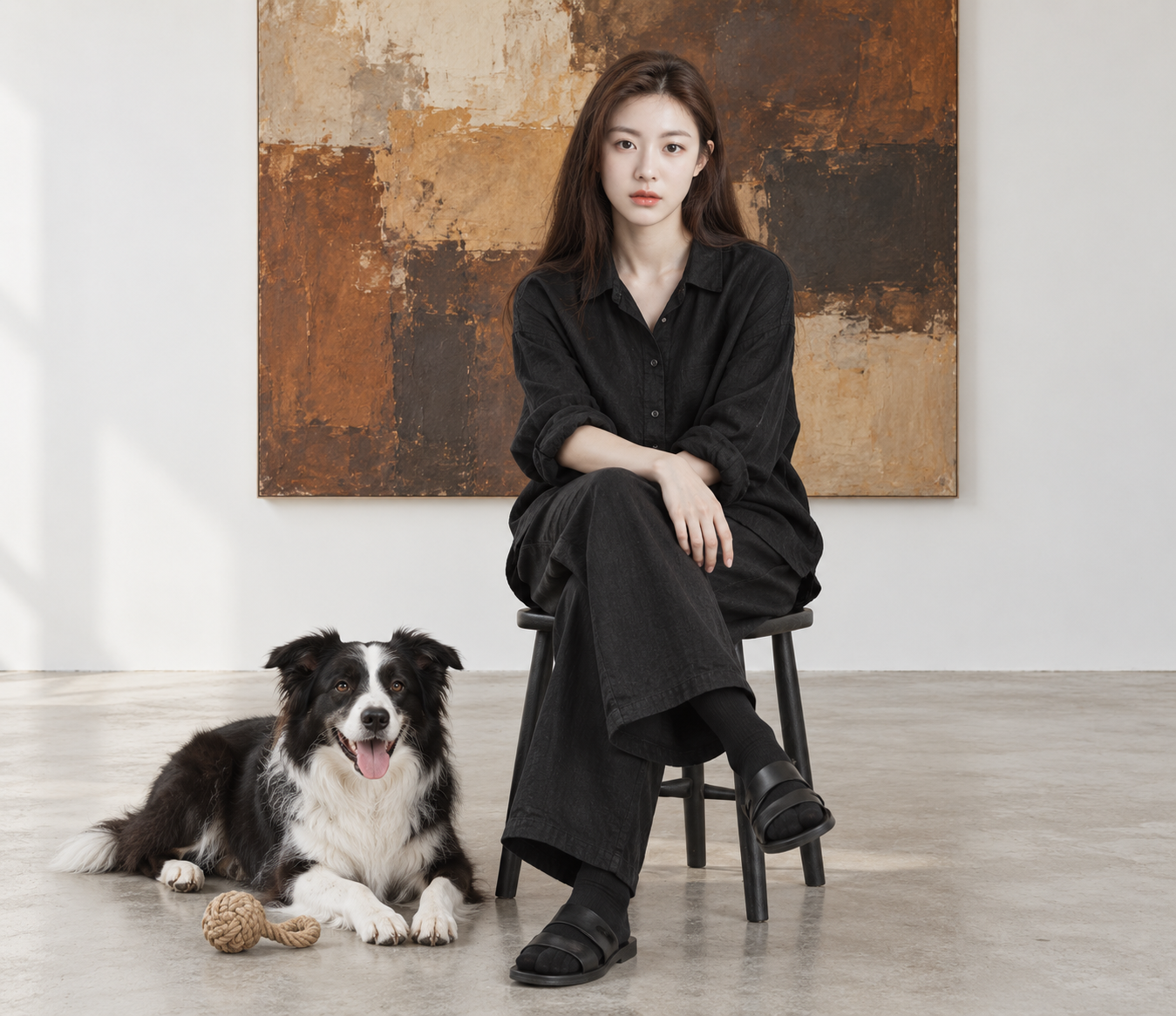 当代画廊中的黑衣人像与牧羊犬 — AI image creation