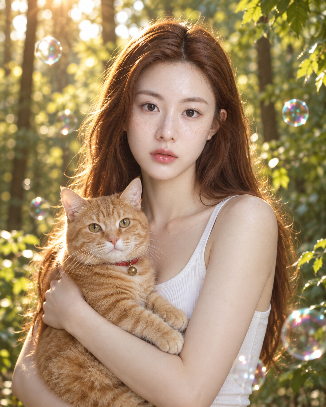 黄金林光下的成年女性与橘猫 — AI image creation