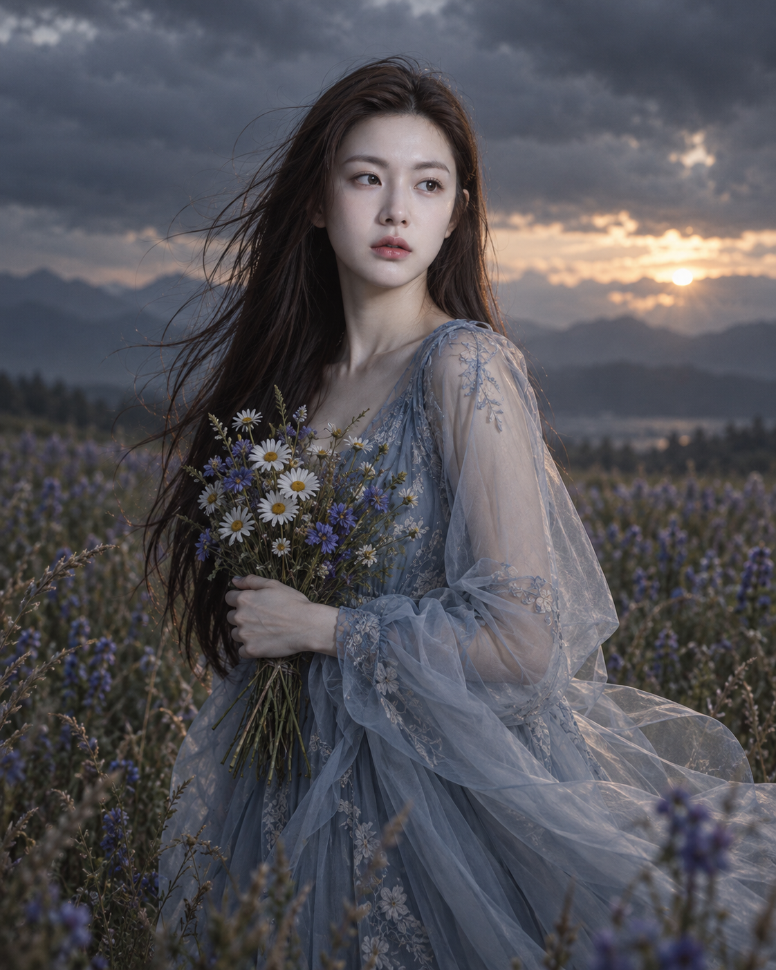 风暴草甸中的忧郁电影感人像 — AI image creation