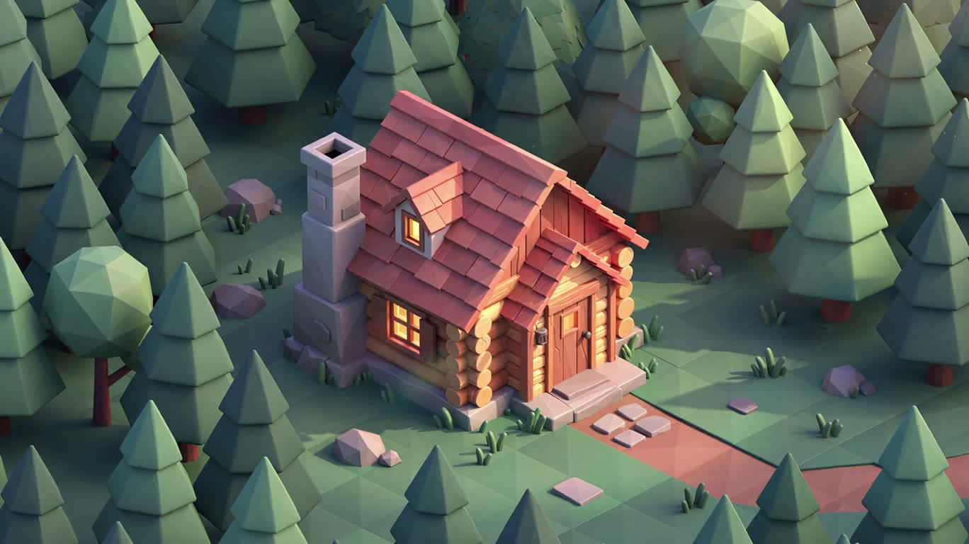 林间低多边形小屋 — AI video creation