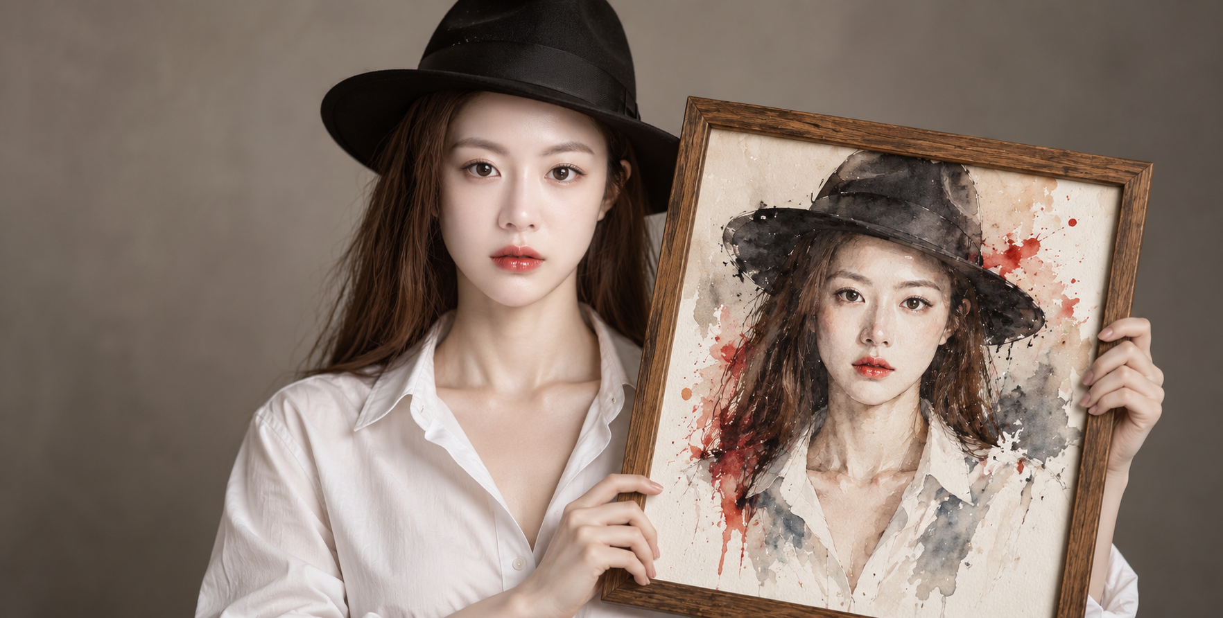 나무 액자에 담긴 수채화 자화상을 든 세련된 여성