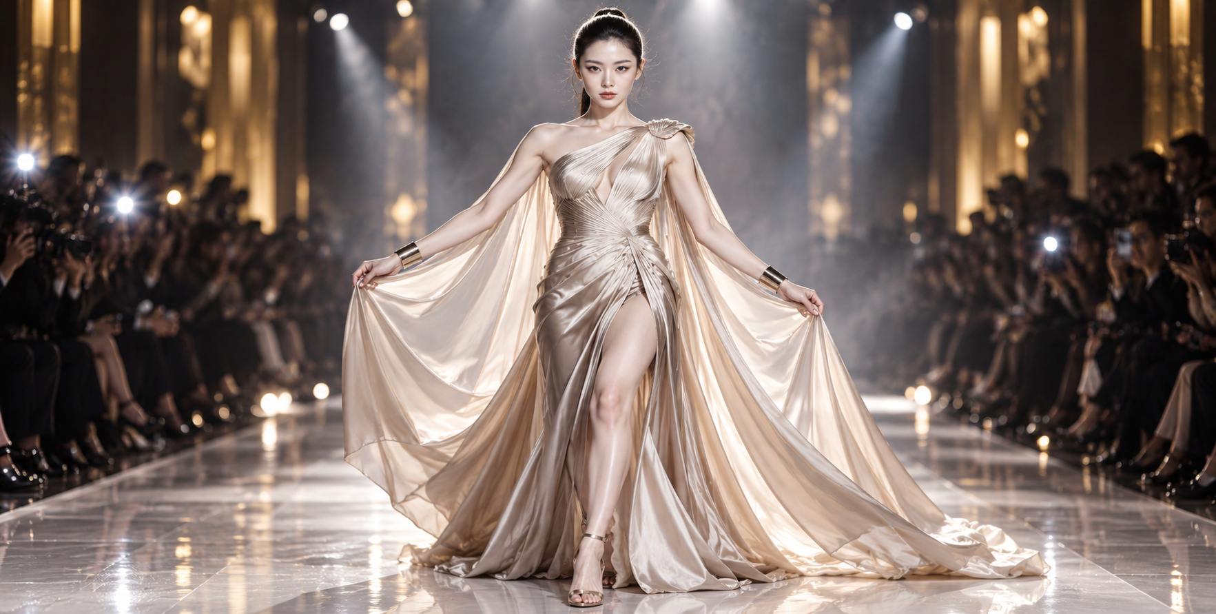 聚光灯下的高定披风礼服超模 — AI image creation