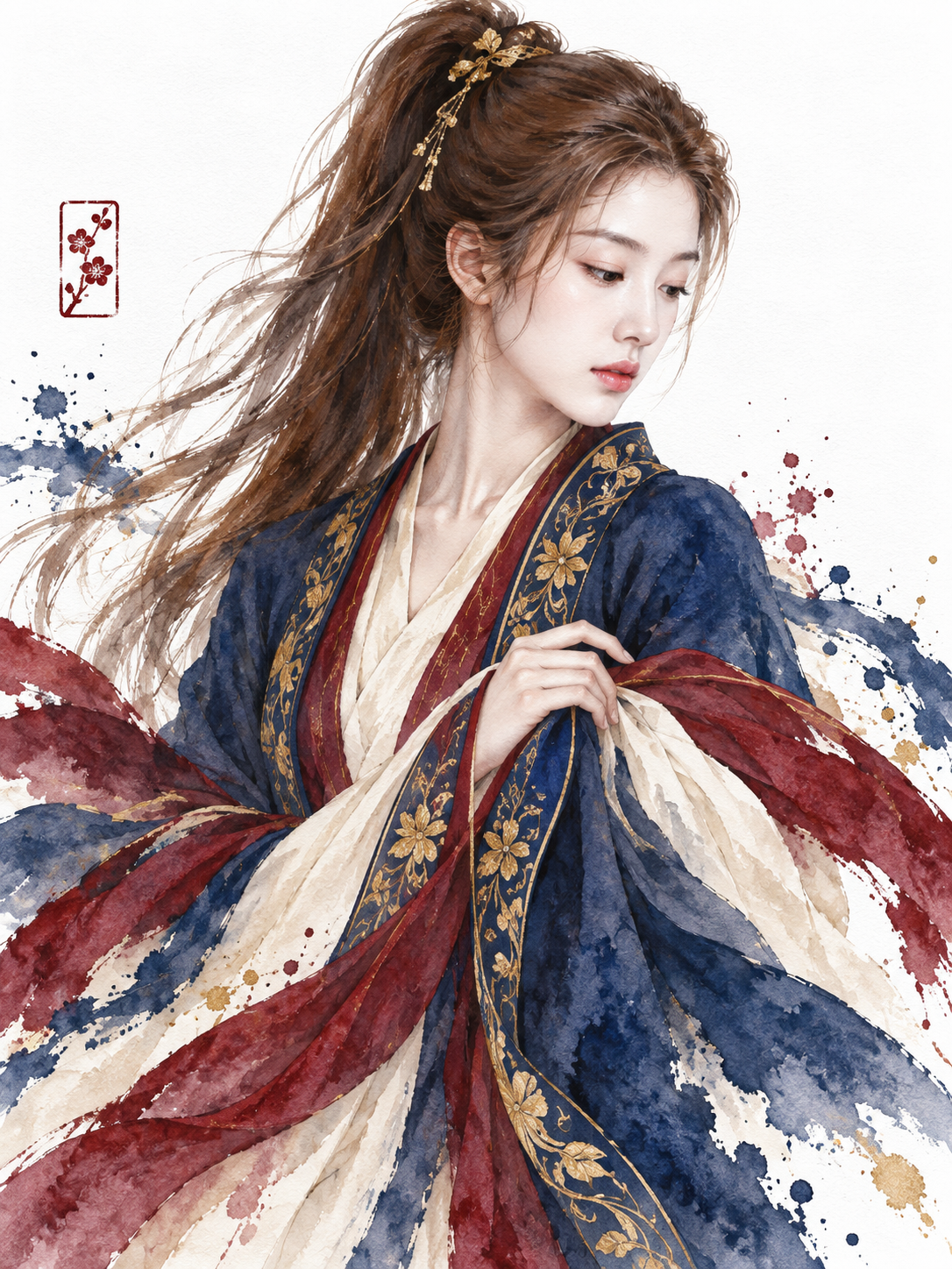 水彩水墨中的传统风长袍侧影 — AI image creation