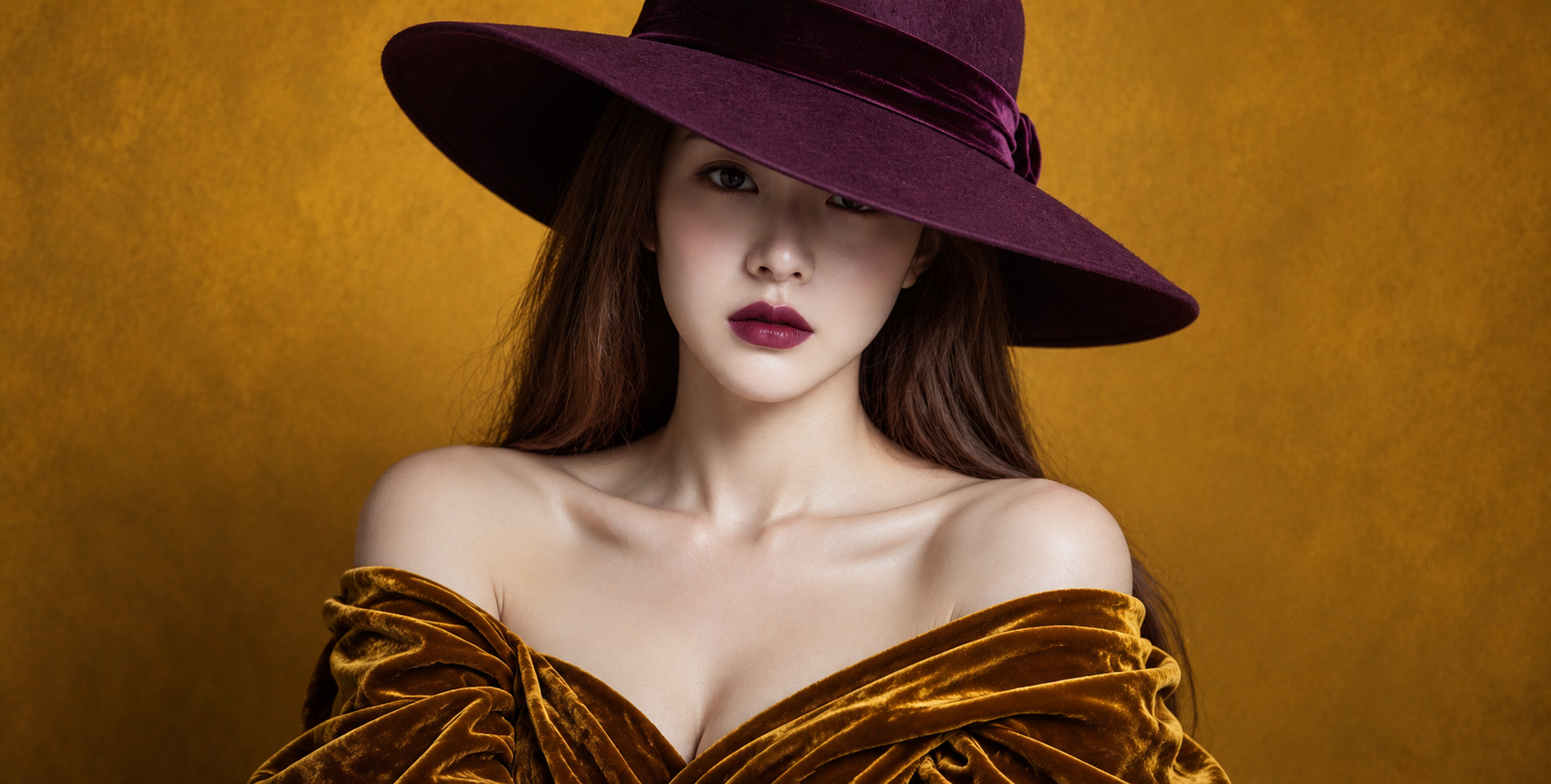 金色丝绒礼服与紫色宽檐帽时尚人像 — AI image creation