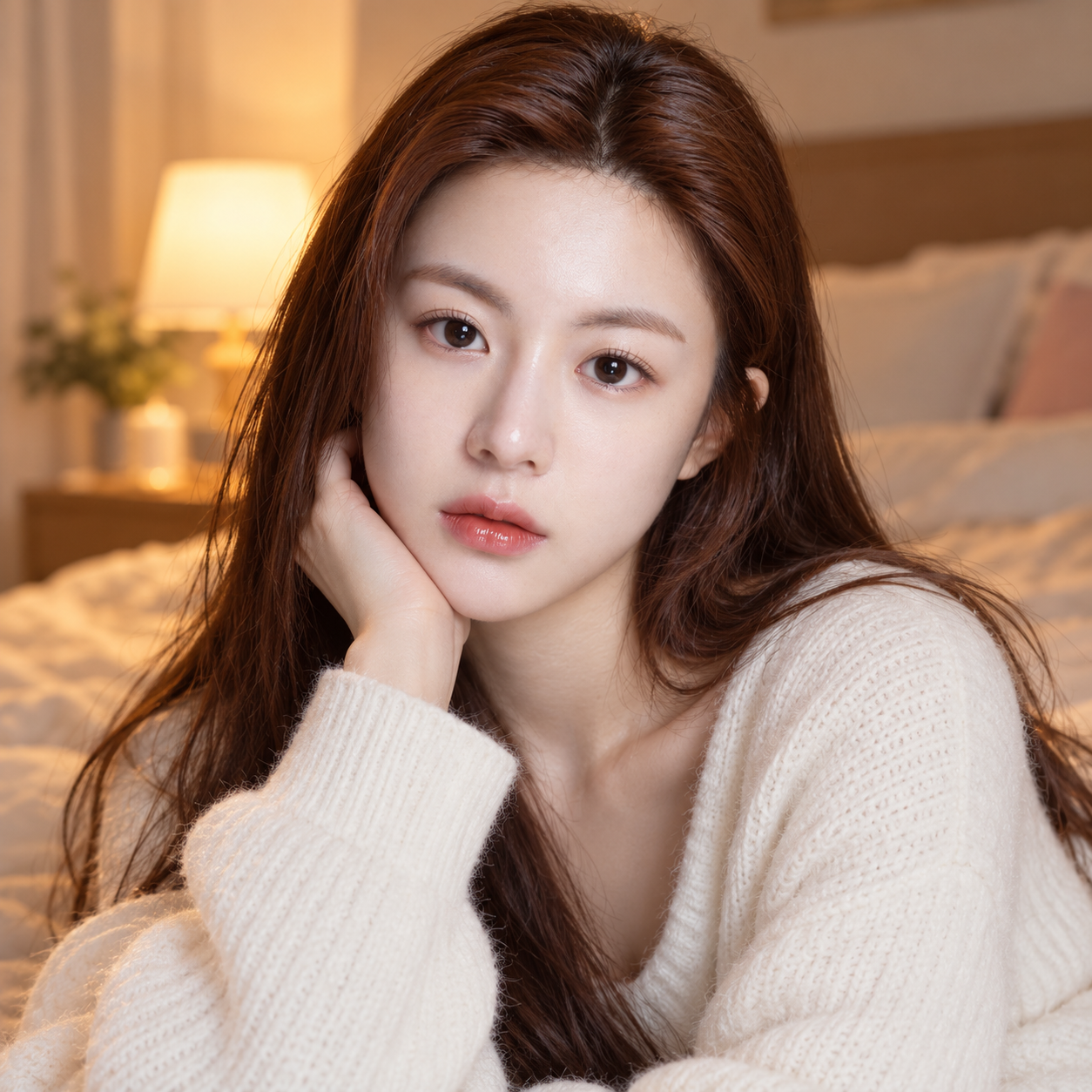 美丽长发年轻女子唯美卧室摄影