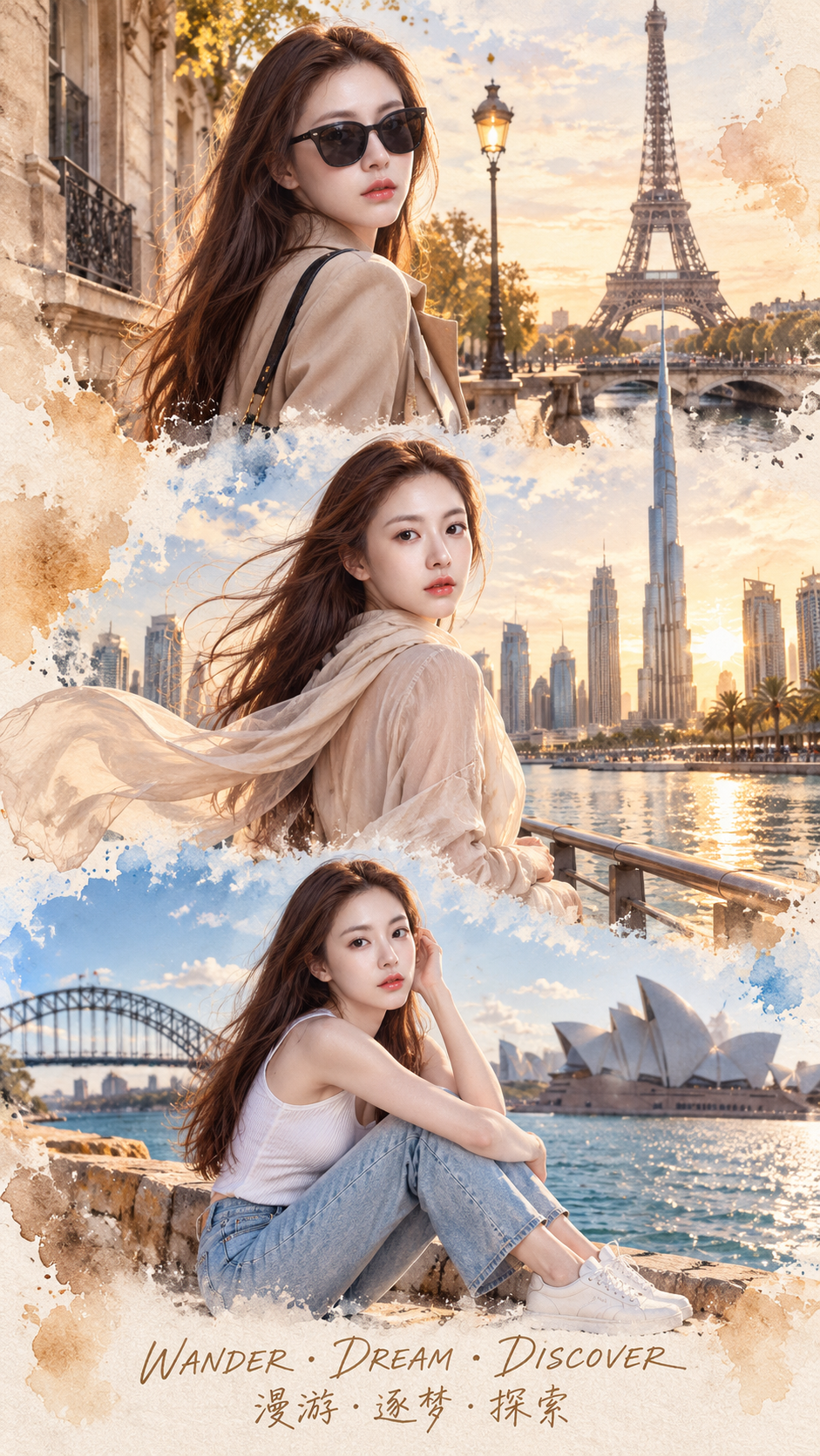 同一成年女性的巴黎迪拜悉尼旅行海报 — AI image creation