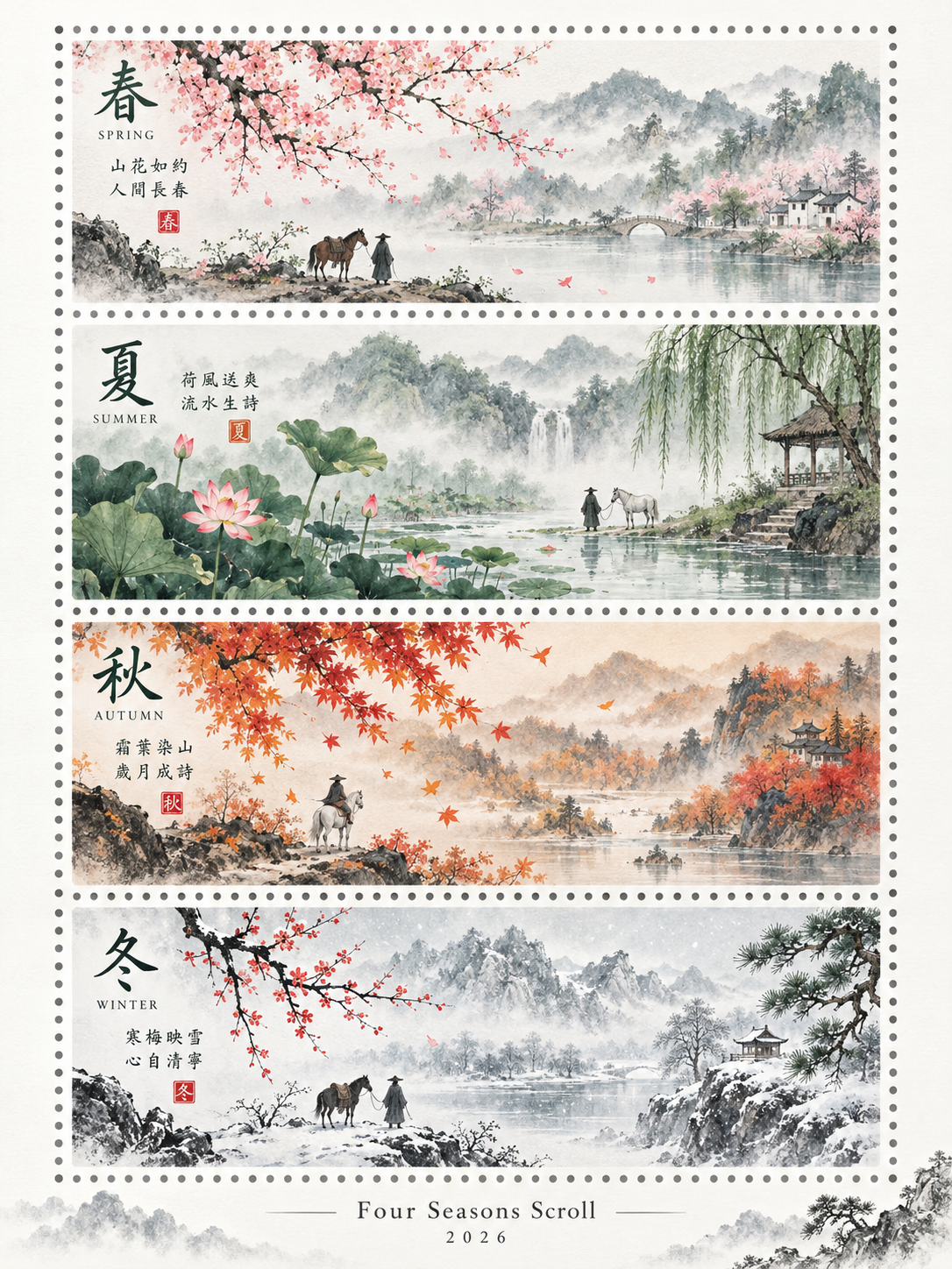 四季水墨装饰邮票长卷 — AI image creation