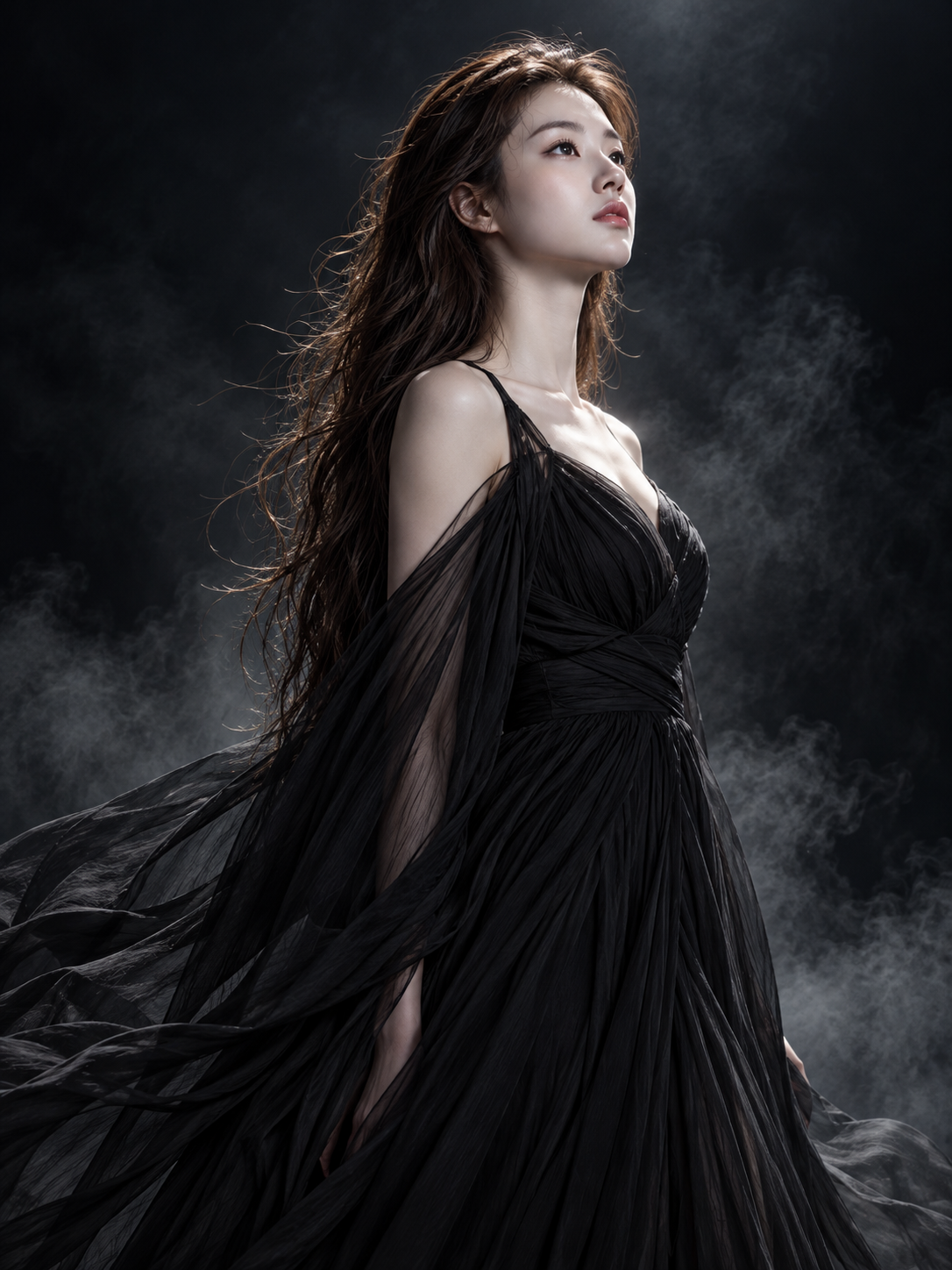 黑暗高定时装黑色长裙女性侧影肖像 — AI image creation