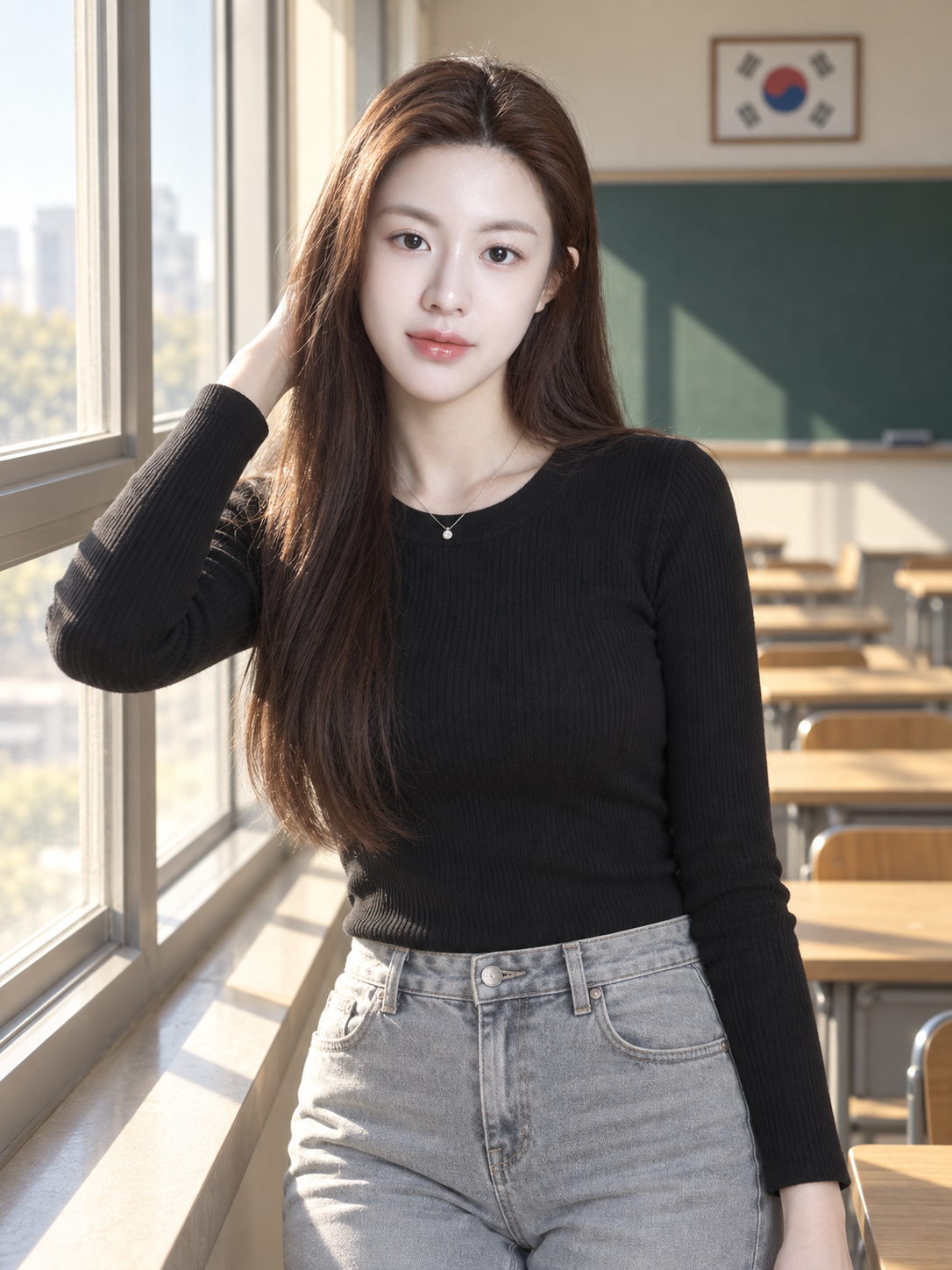 韩国大学教室窗边的成年女性肖像 — AI image creation