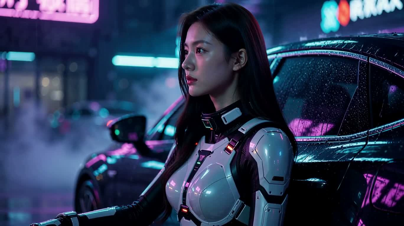 雨夜霓虹车旁的赛博朋克女性