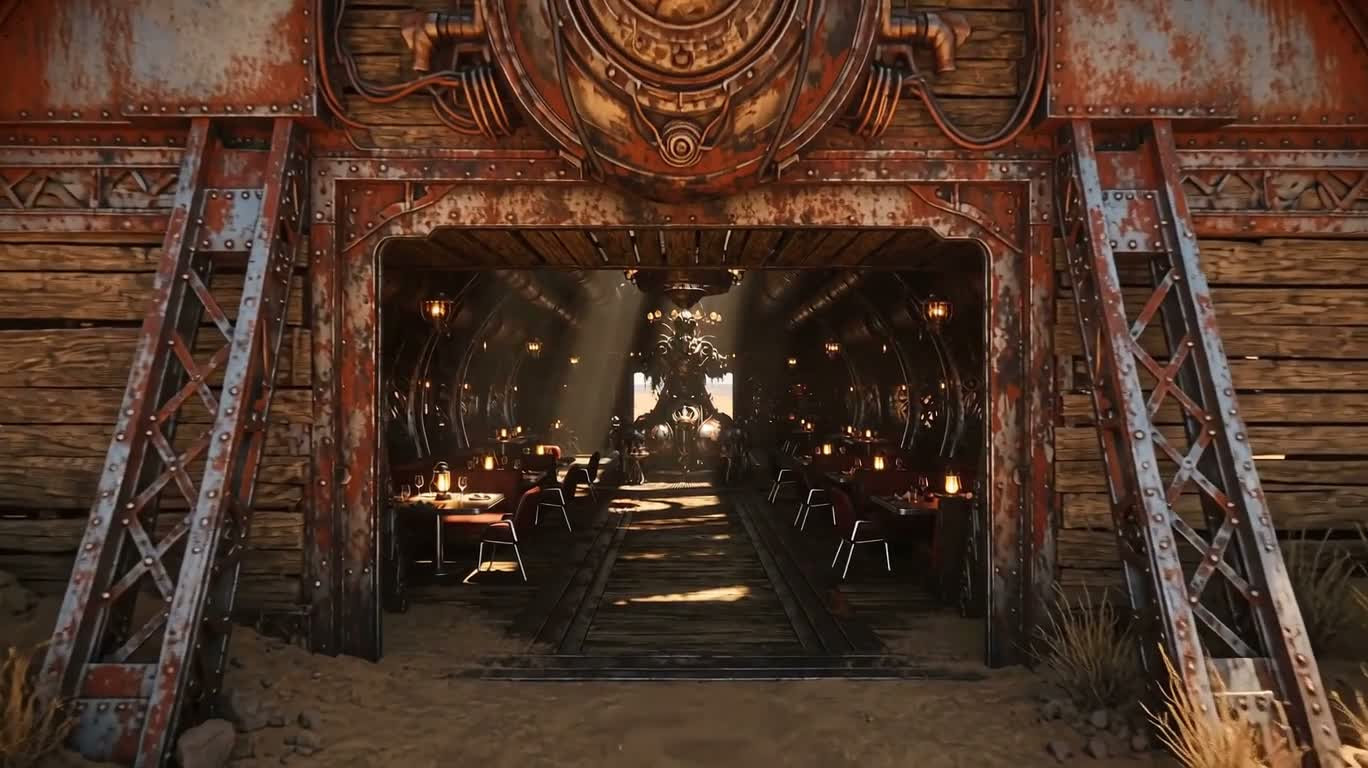 Architecture d'un restaurant sur le thème de la route post-apocalyptique — AI video creation