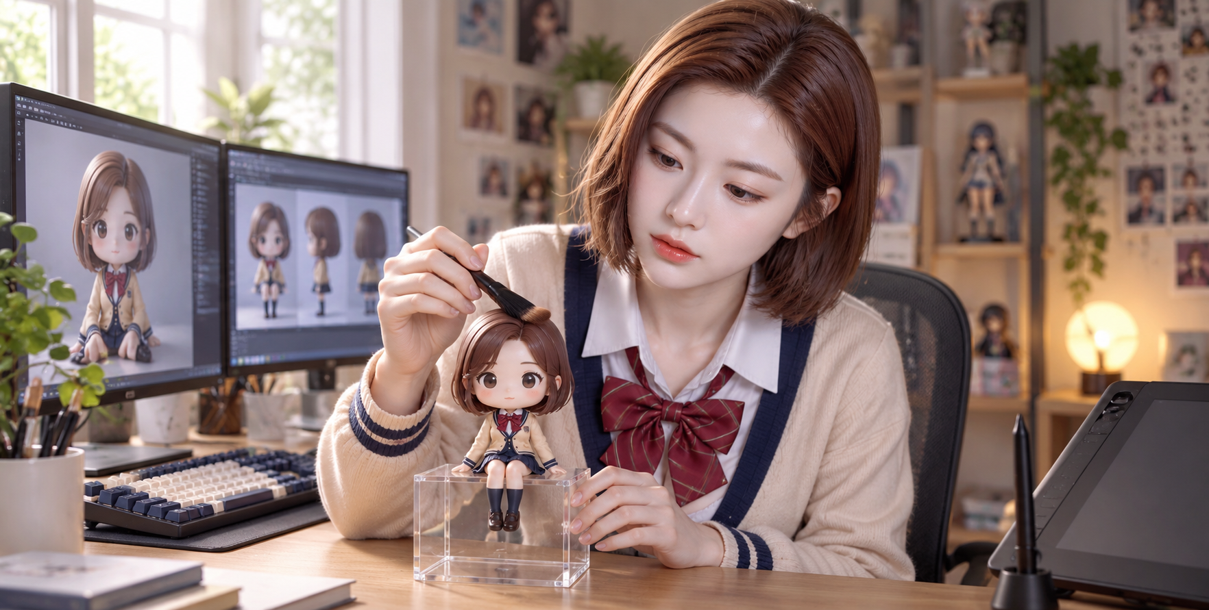成人创作者轻柔擦拭桌上的微缩手办 — AI image creation