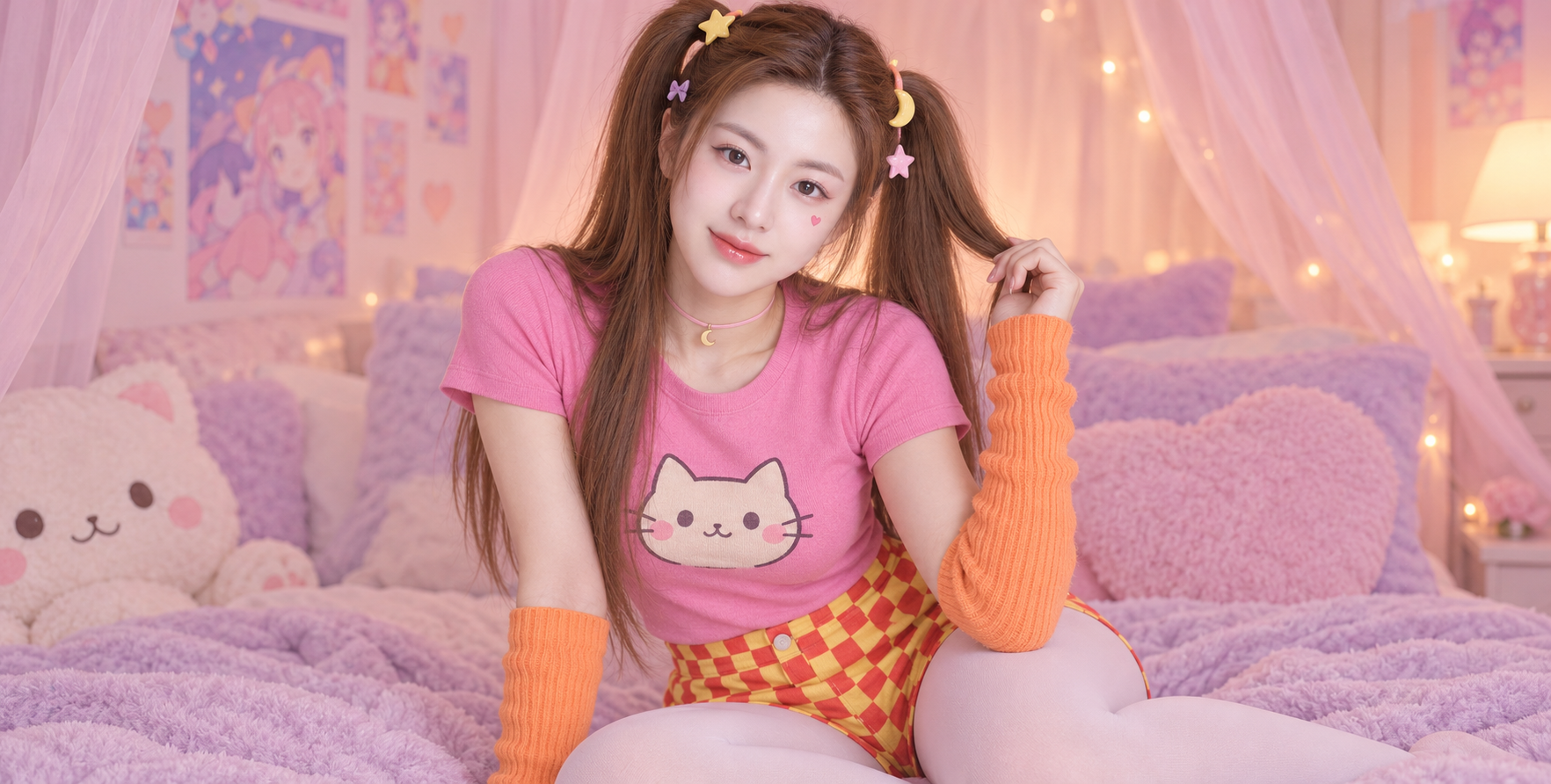 粉色闺房里的成年女性俏皮卡哇伊肖像 — AI image creation
