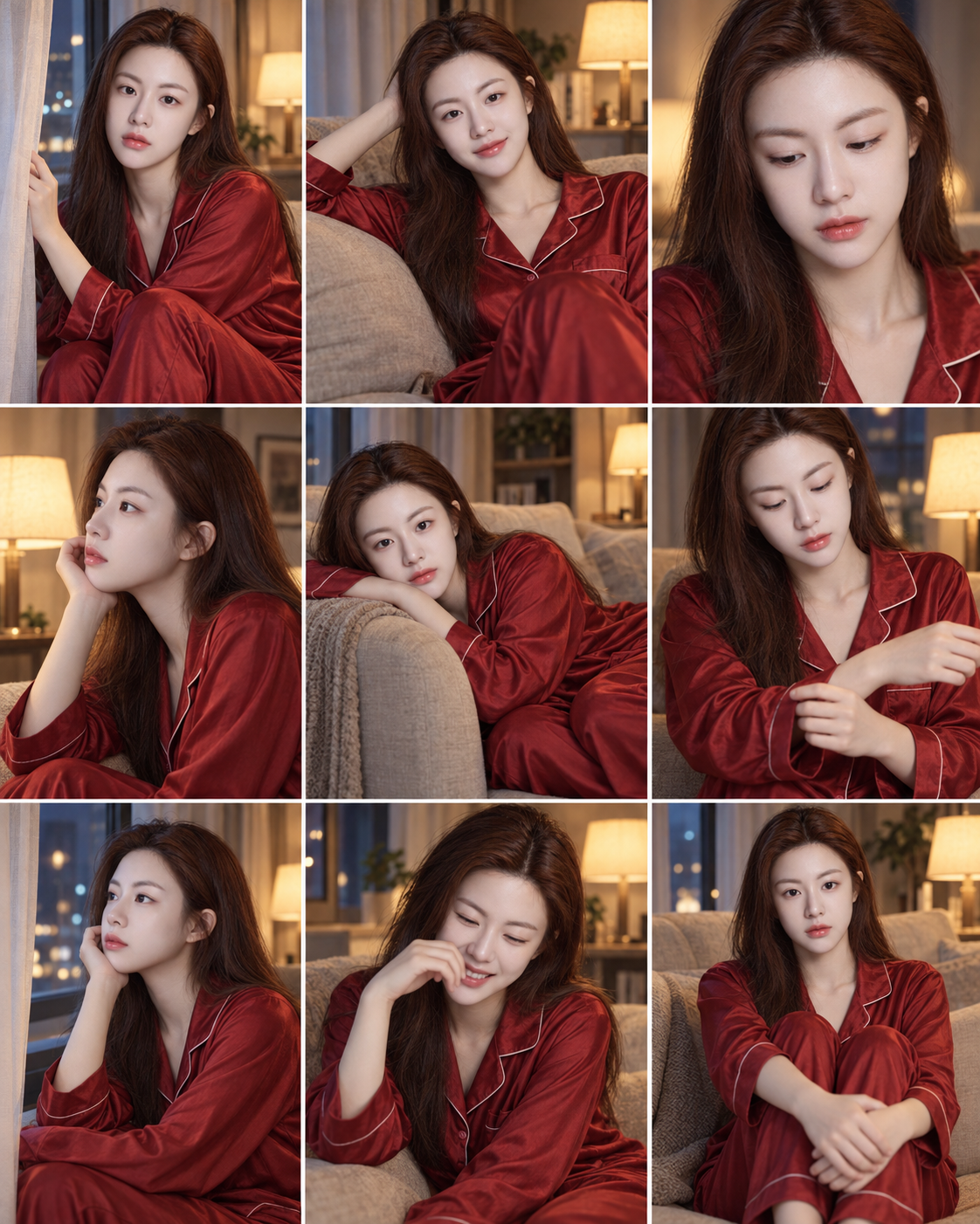 Lưới chín ô ấm cúng tại nhà của người phụ nữ mặc đồ ngủ lụa đỏ thanh lịch