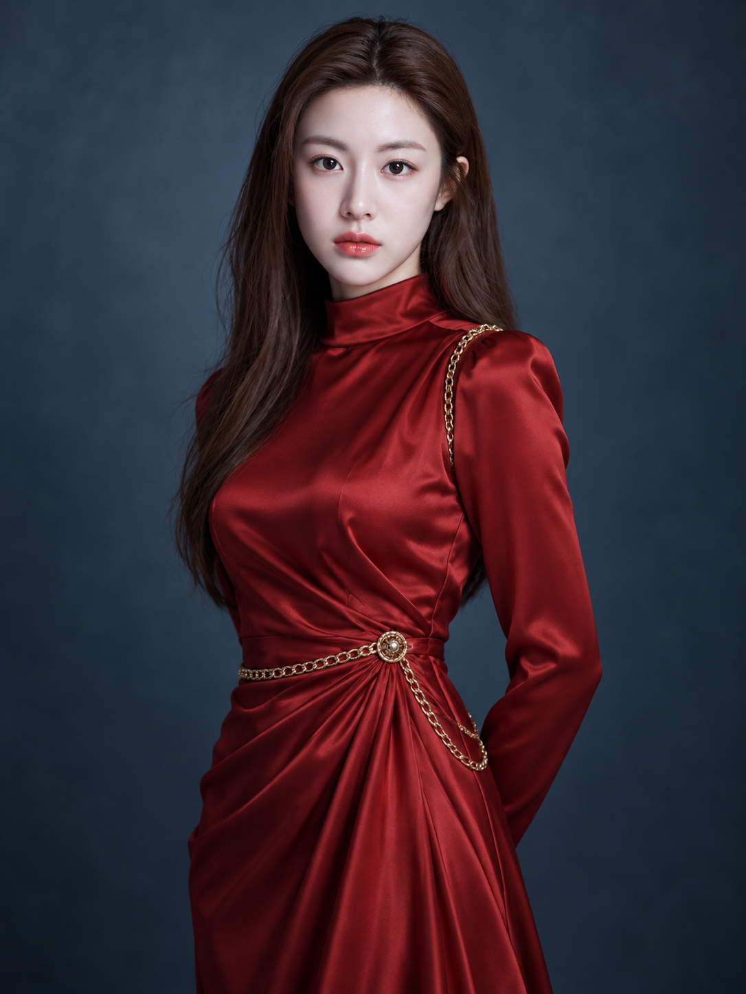 红缎面金链细节的优雅影棚时尚肖像 — AI image creation